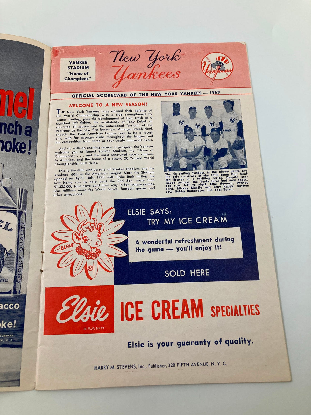 Inside page of the 1963 MLB New York Yankees World Champions Official Program and Scorecard, displaying a welcome message and advertisement for Elsie ice cream.