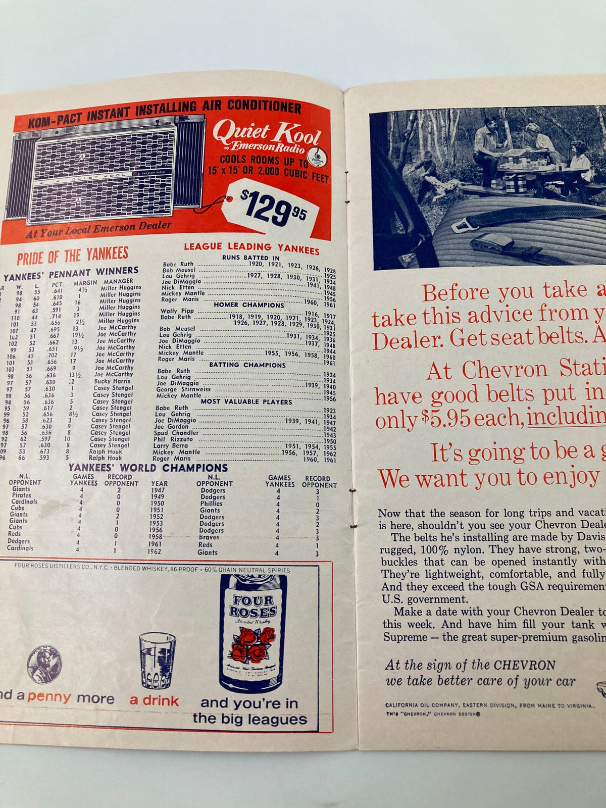 Inside page of the 1963 MLB New York Yankees World Champions Official Program and Scorecard showing team statistics and league leaders.
