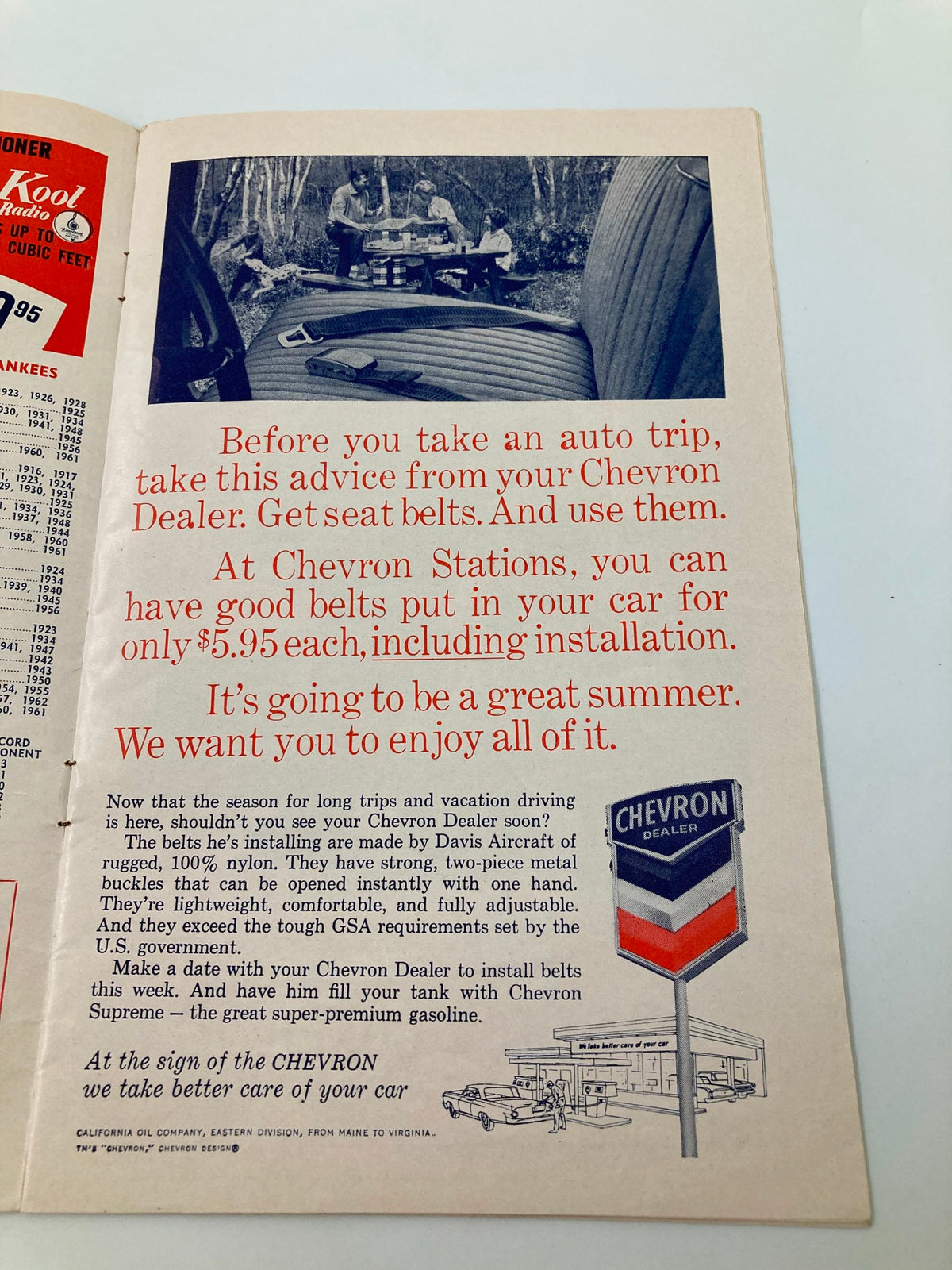 Advertisement page from the 1963 MLB New York Yankees World Champions Official Program and Scorecard promoting safety with seat belts.