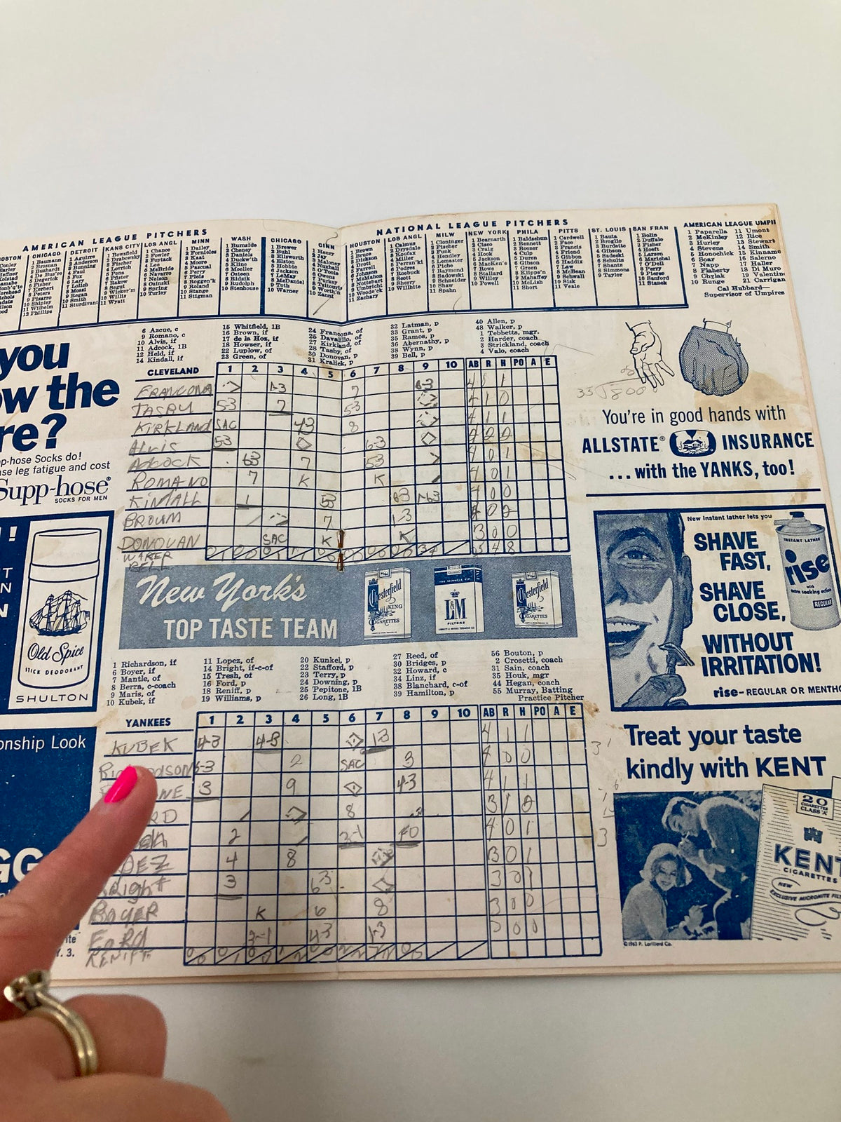 Scoring sheet from the 1963 MLB New York Yankees World Champions Official Program and Scorecard displaying game stats and player performances.