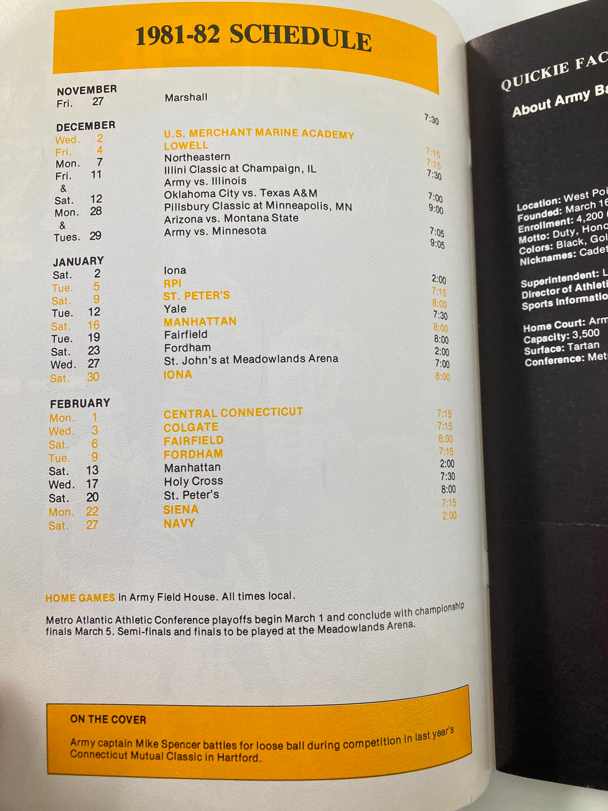 Schedule page from the 1981-1982 Army Captain Mike Spencer U.S. Military Academy Basketball Guide listing game dates and opponents.