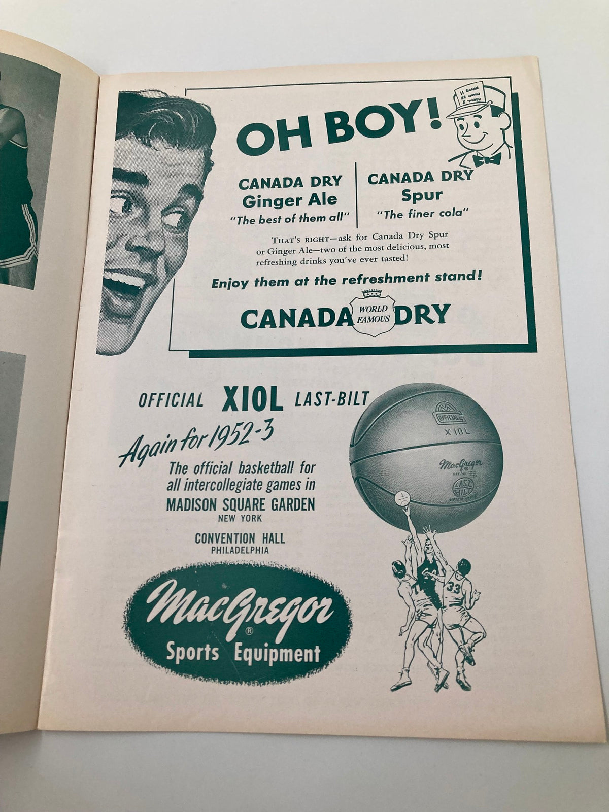 Advertisement for Canada Dry soda in the December 13 1952 St. Joseph vs West Texas State College Basketball Review.
