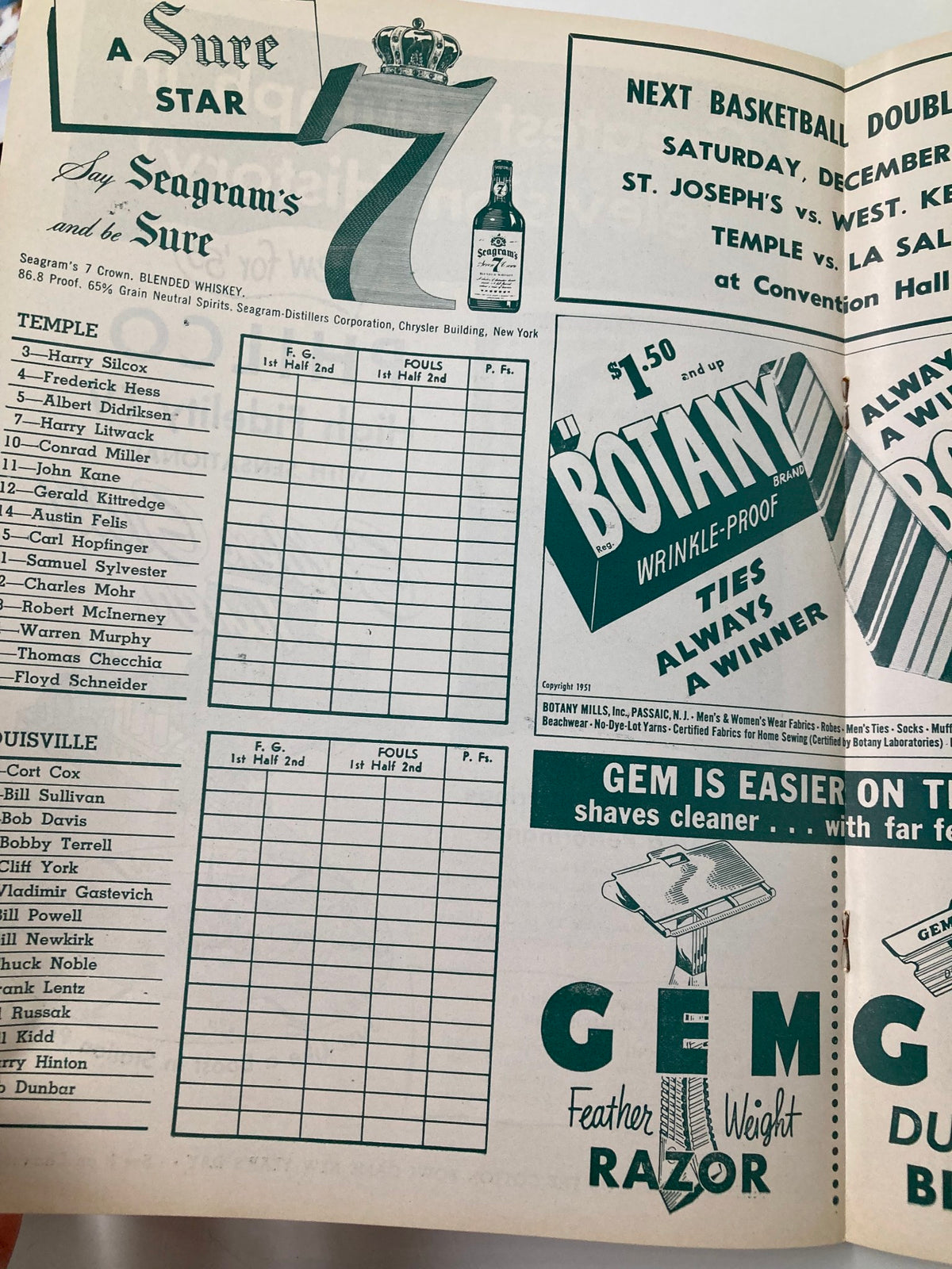 Seagram's advertisement with score sheet in the December 13 1952 St. Joseph vs West Texas State College Basketball Review.