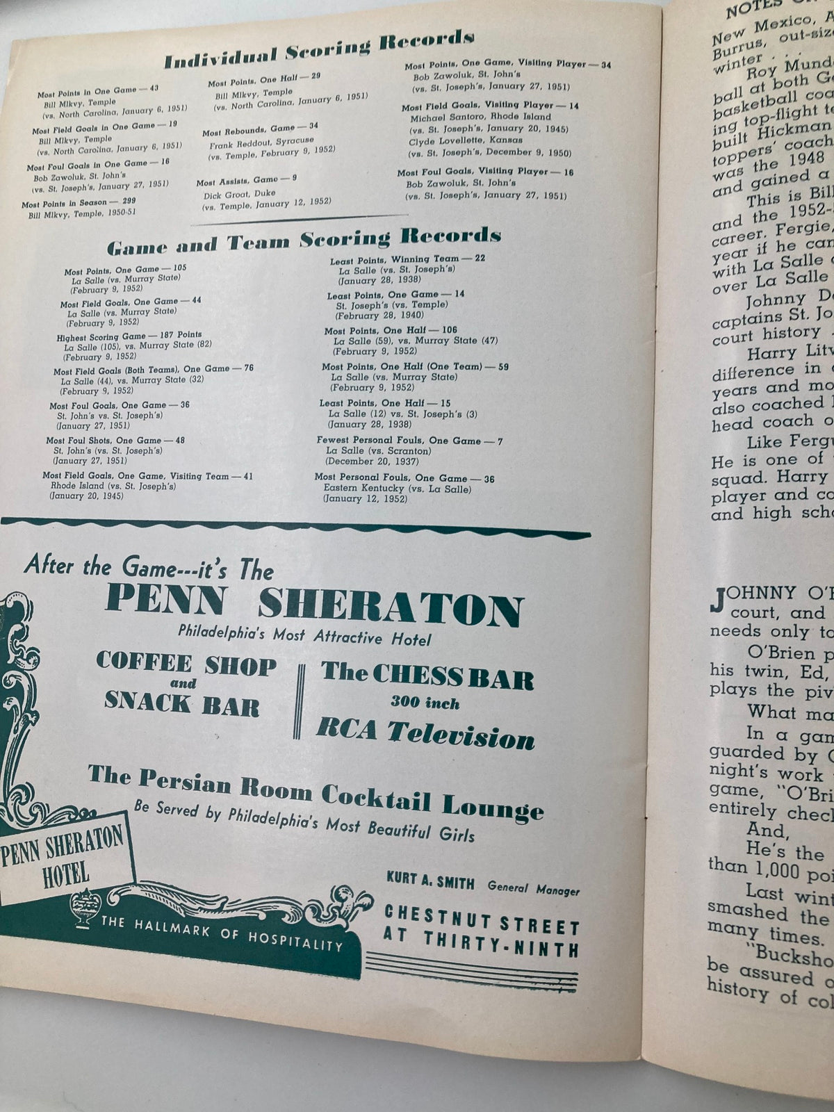 December 13 1952 St. Joseph vs West Texas State College Basketball Review page displaying individual scoring records and team scoring records, a glimpse into the statistical highlights of the game.