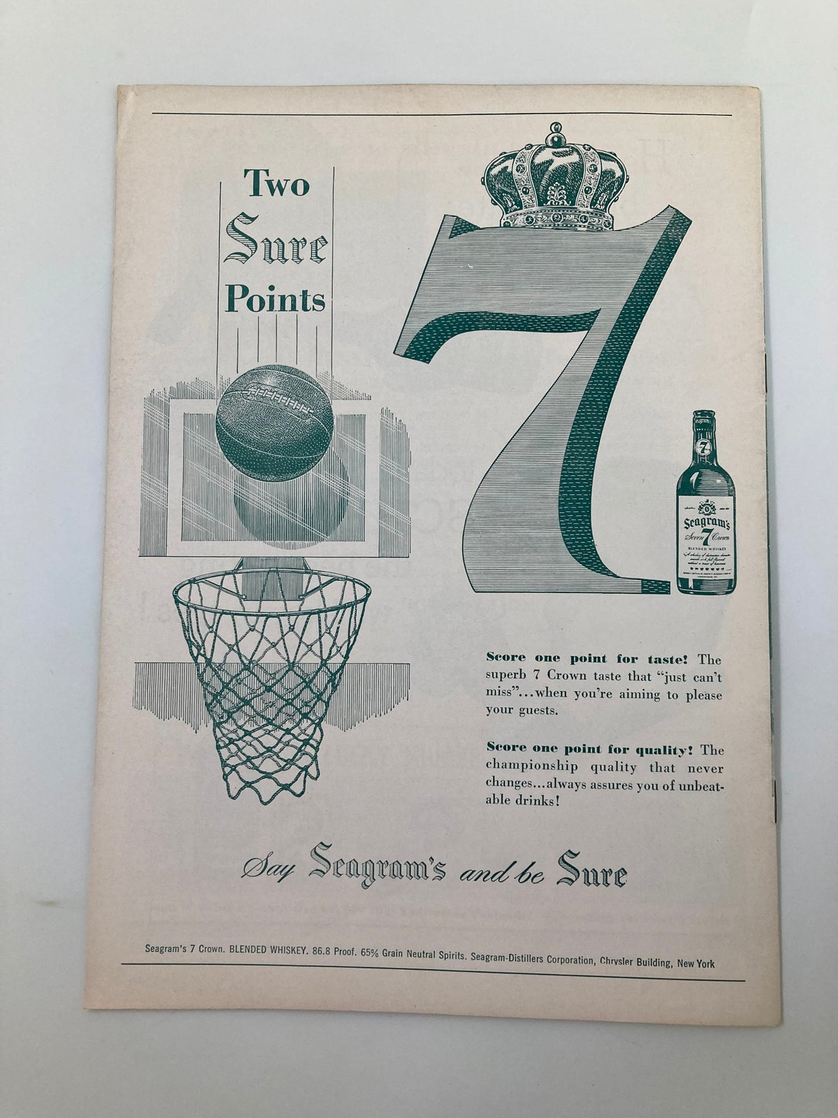 December 13 1952 St. Joseph vs West Texas State College Basketball Review advertisement for Seagram's 7 Crown whiskey, featuring a basketball theme with a hoop and the message promoting quality.