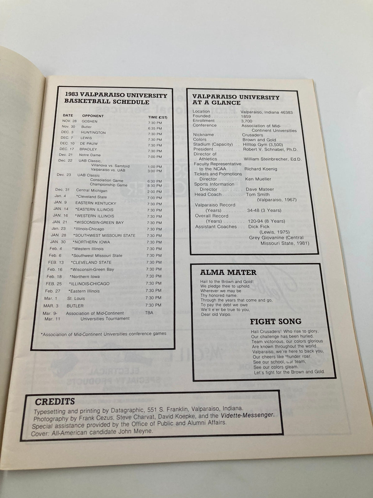 Inside page of the December 17 1983 Valparaiso vs Bradley Crusader Basketball Program showcasing the 1983 Valparaiso University basketball schedule.