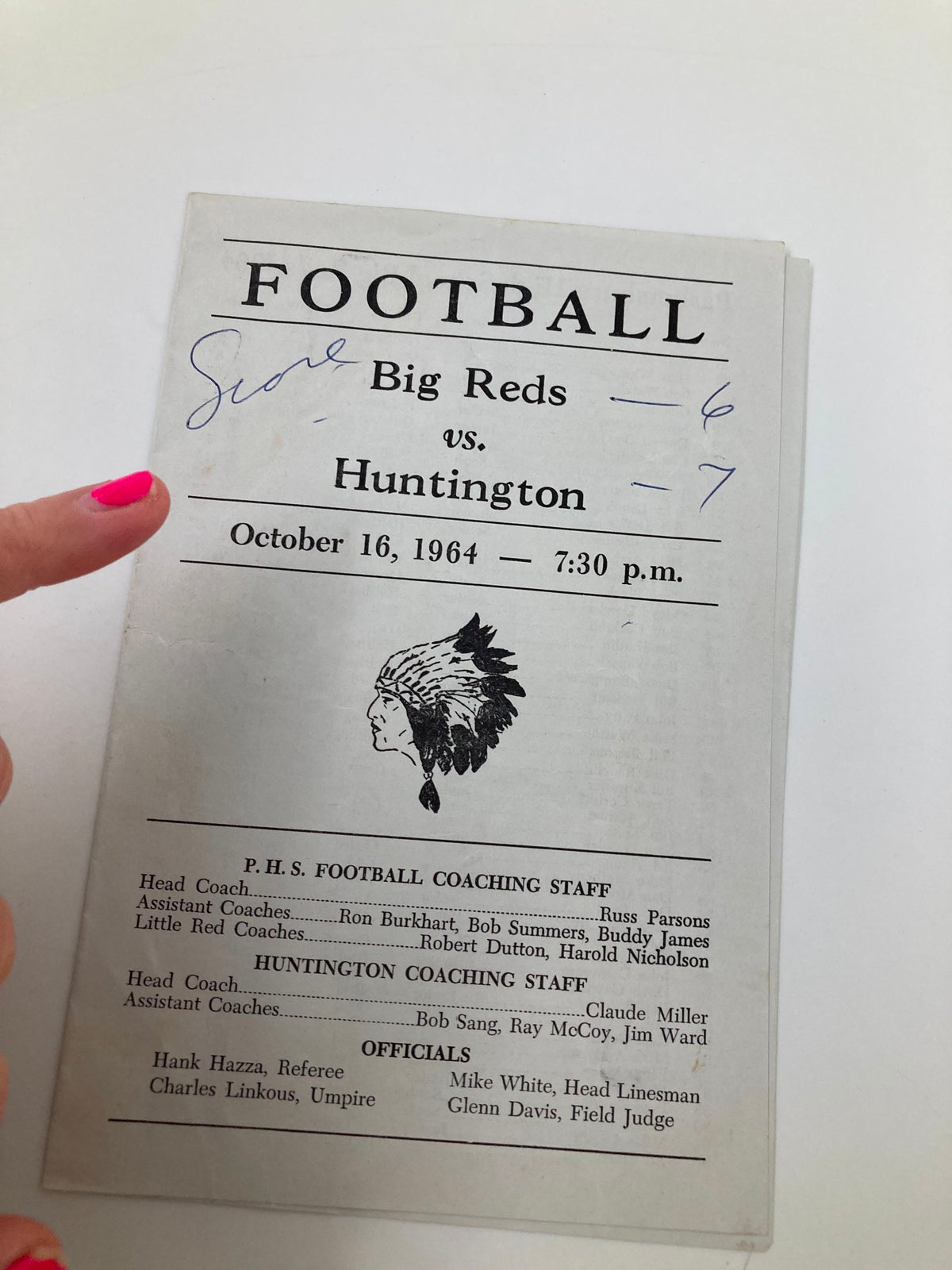 October 16, 1964 High School Football Program featuring Big Reds vs Huntington, showing the score and game details.