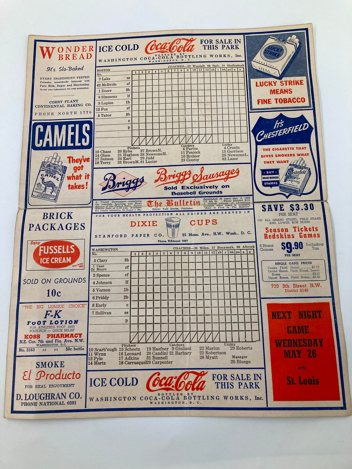 1943 Washington Senators MLB Baseball Club Official Score Card featuring a score tracking layout, Coca-Cola advertisements, and vintage branding.