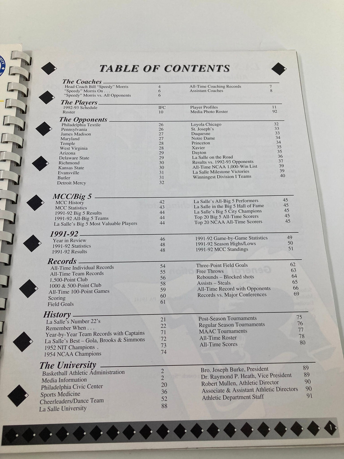 Table of contents page from the 1992-1993 La Salle University Men's Basketball College Program detailing sections including coaches and opponents.