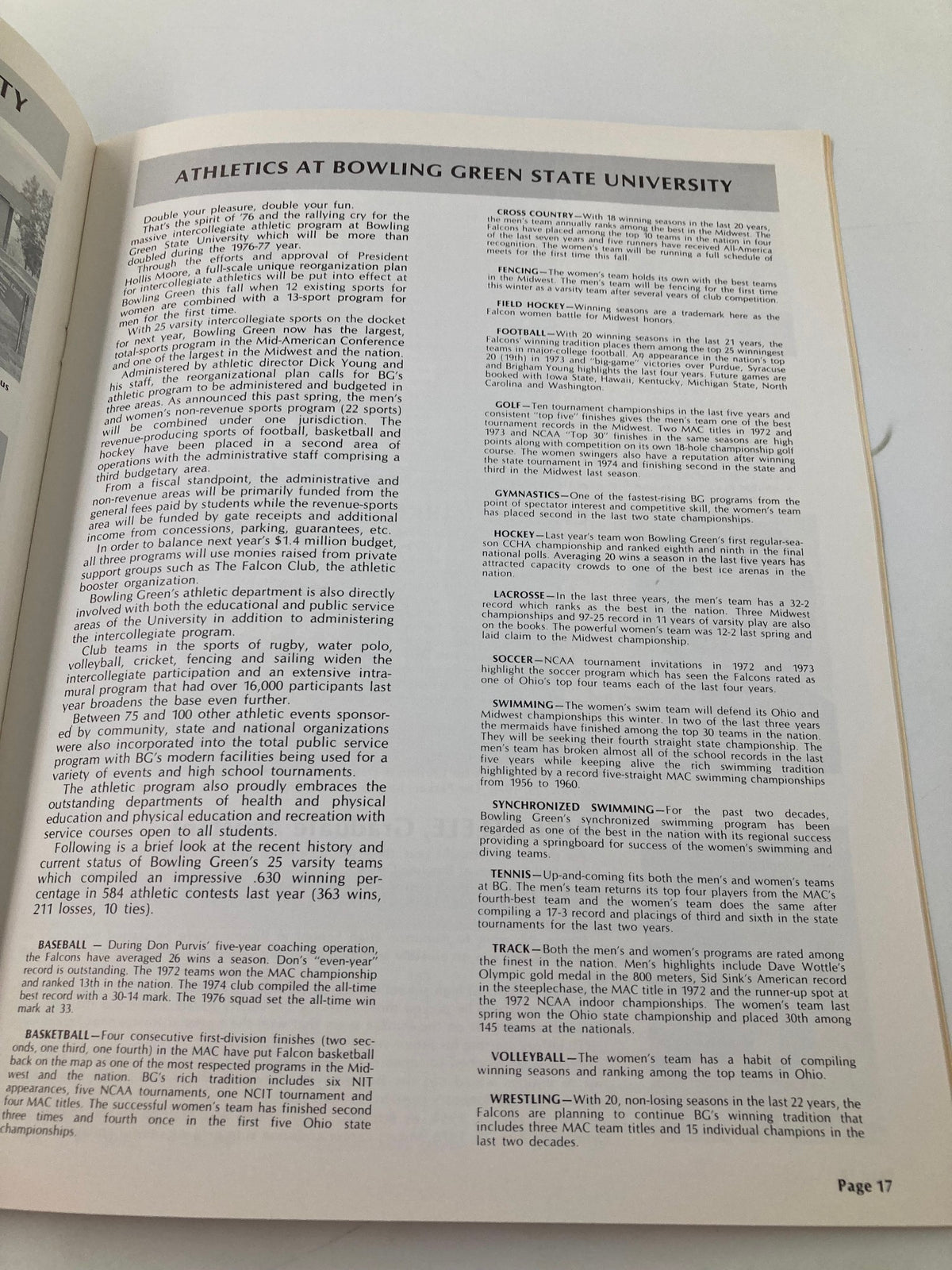 1976-1977 Bowling Green State University Basketball Schedule Program showing the Athletics overview at Bowling Green State University.