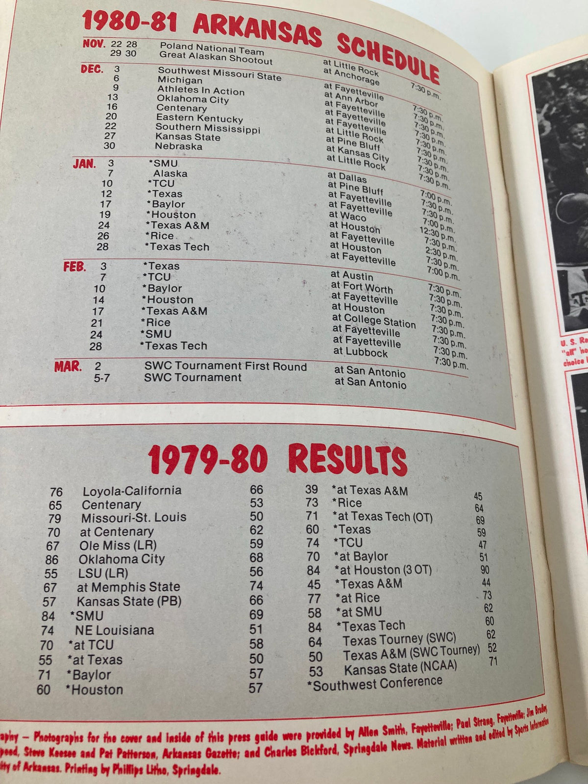 Interior page of the 1980-1981 College Arkansas Basketball Official Program displaying the season schedule and results, showcasing details of the Arkansas Razorbacks' basketball games.