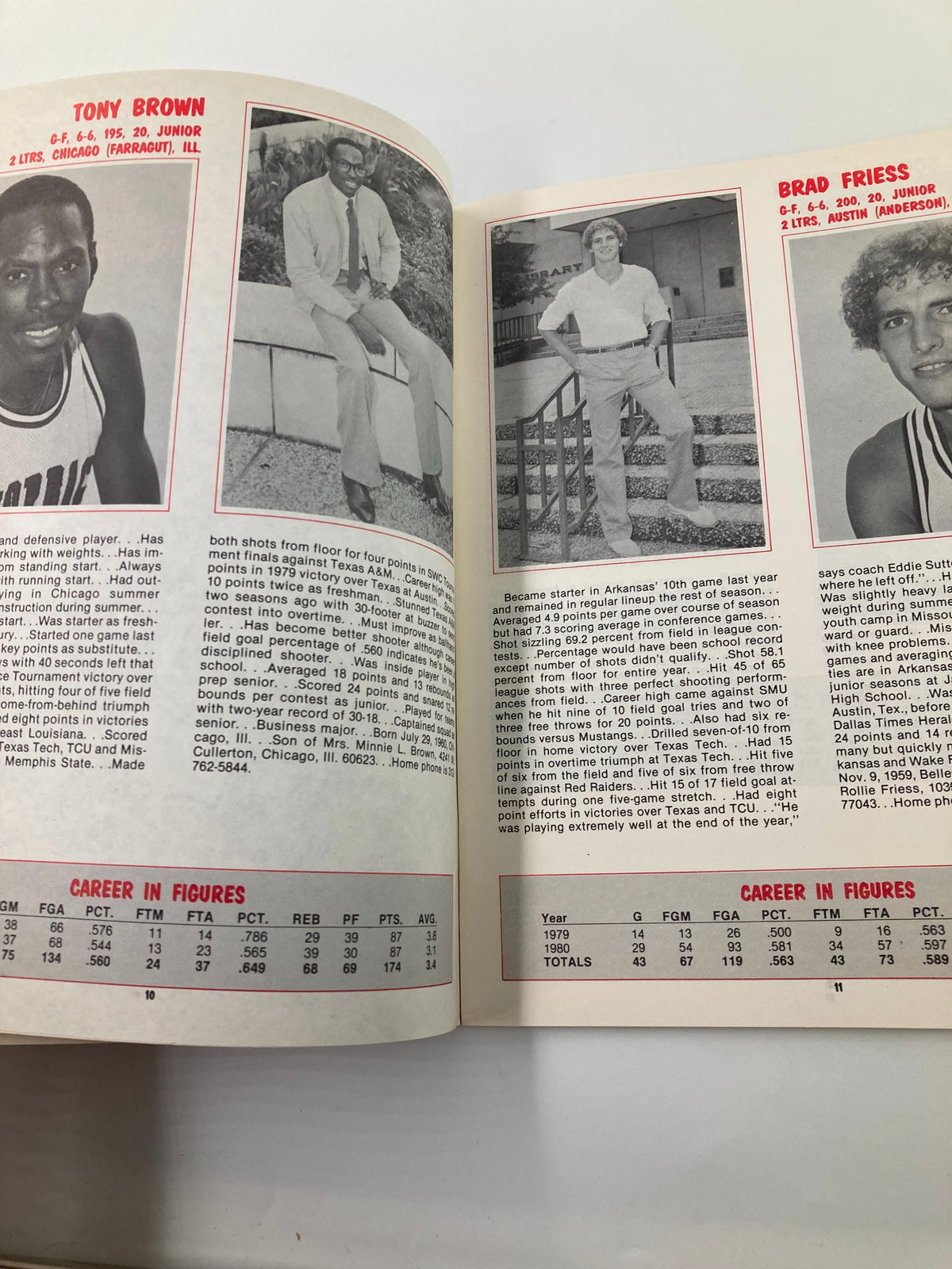 1980-1981 College Arkansas Basketball Official Program featuring player profiles of Tony Brown and Brad Friess, showcasing team statistics and insights from the collegiate basketball season.