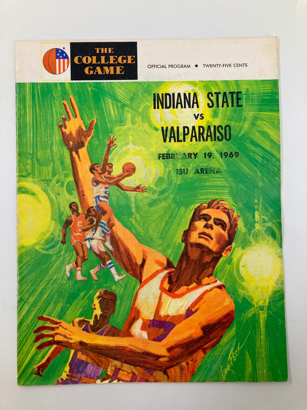 February 19, 1969 The College Game Indiana State vs Valparaiso Official Program cover featuring vibrant artwork of basketball players and event details.