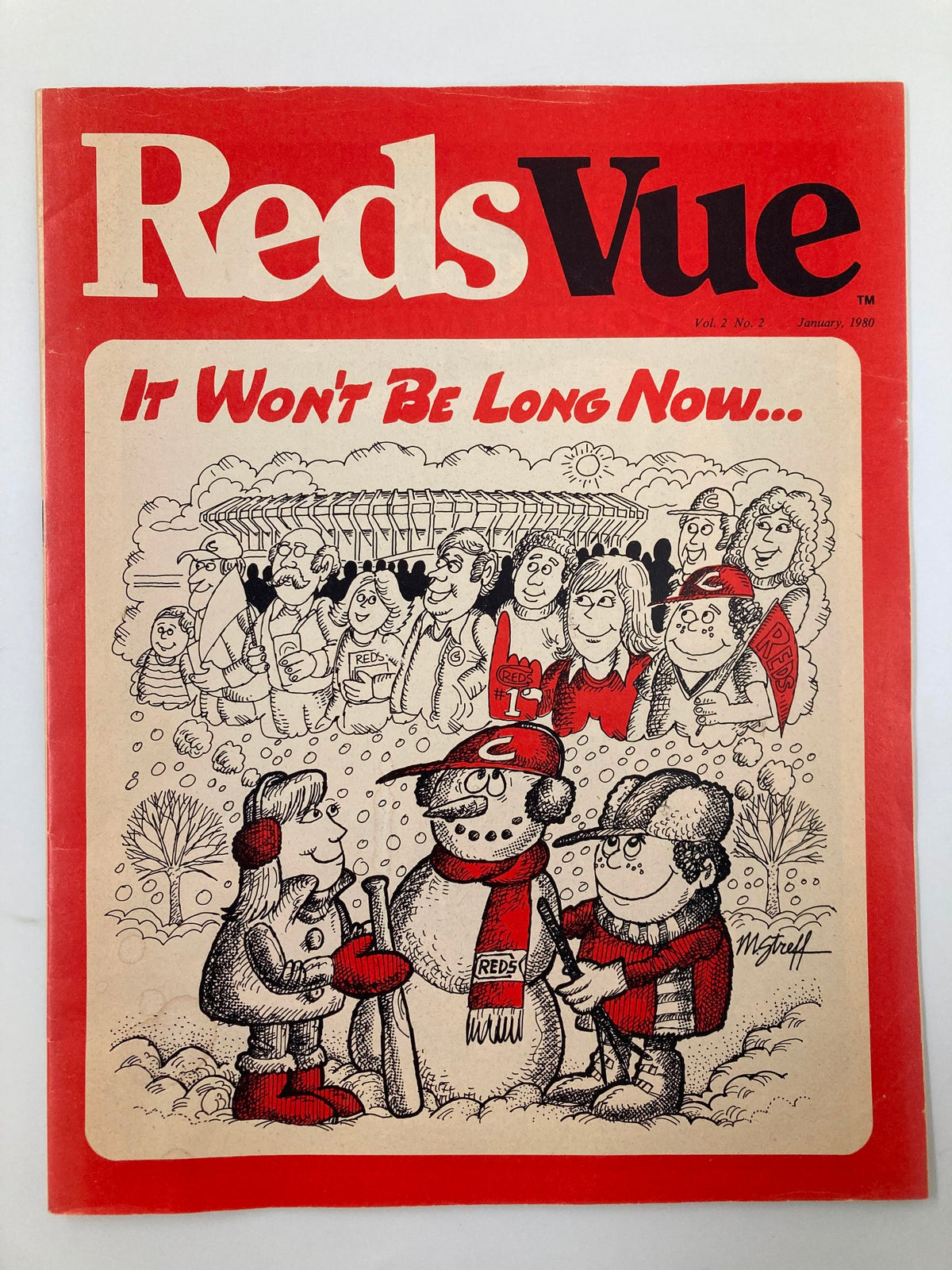 January 1980 Vol. 2 #2 Reds Vue magazine cover featuring cartoon characters, snowmen, and baseball fans with the caption 'It Won't Be Long Now...' promoting the start of the ball season.
