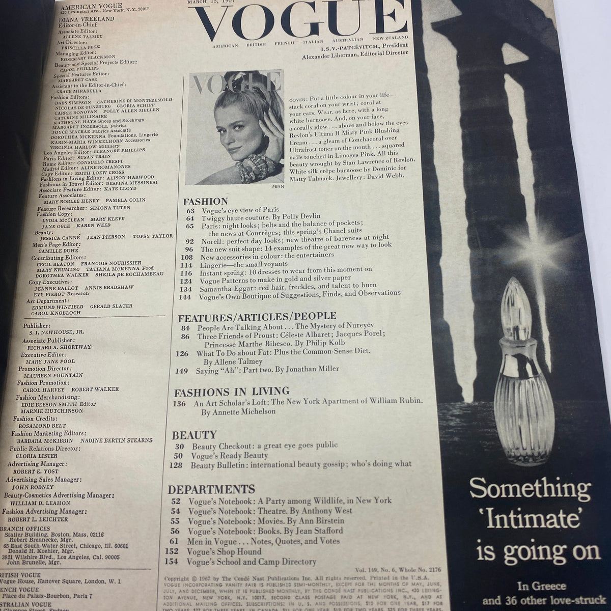 VTG Vogue Magazine March 15 1967 - Lauren Hutton featuring the table of contents and fashion articles inside.