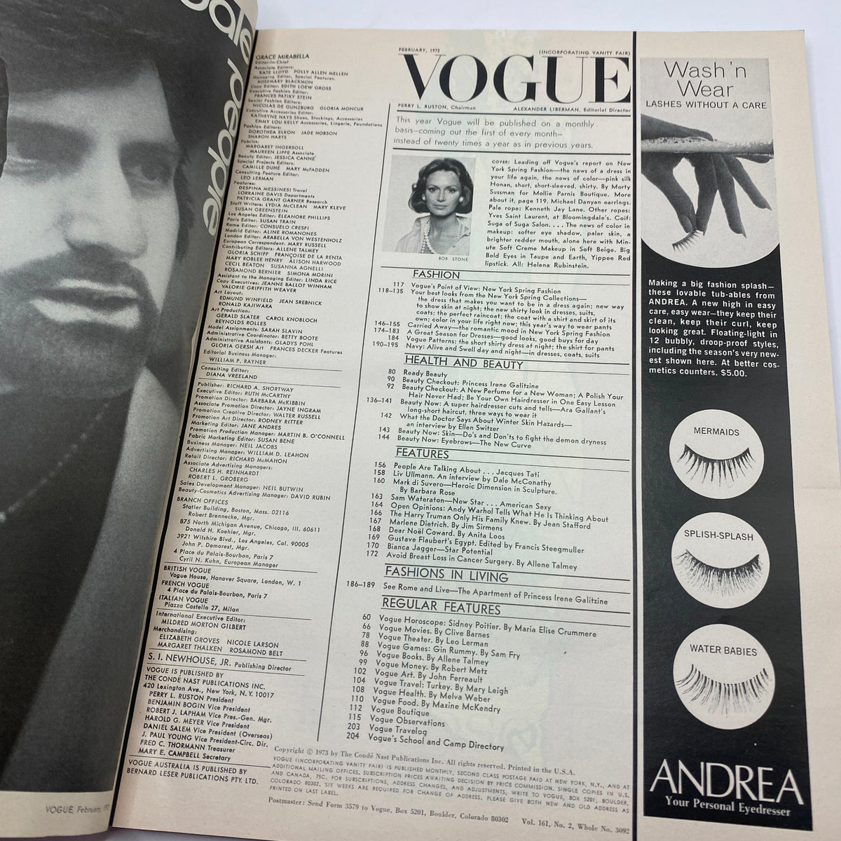 Interior page of VTG Vogue Magazine February 1973 showing editorial content and a beauty product advertisement.