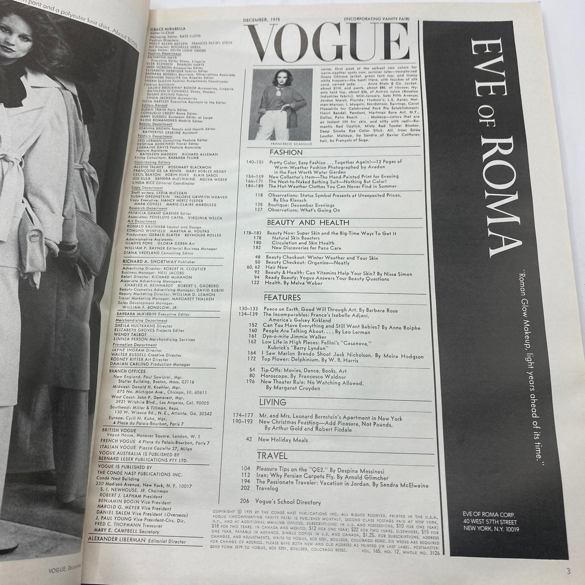 Interior page of VTG Vogue Magazine December 1975 showcasing the table of contents with an elegant black and white photo and stylish typography.