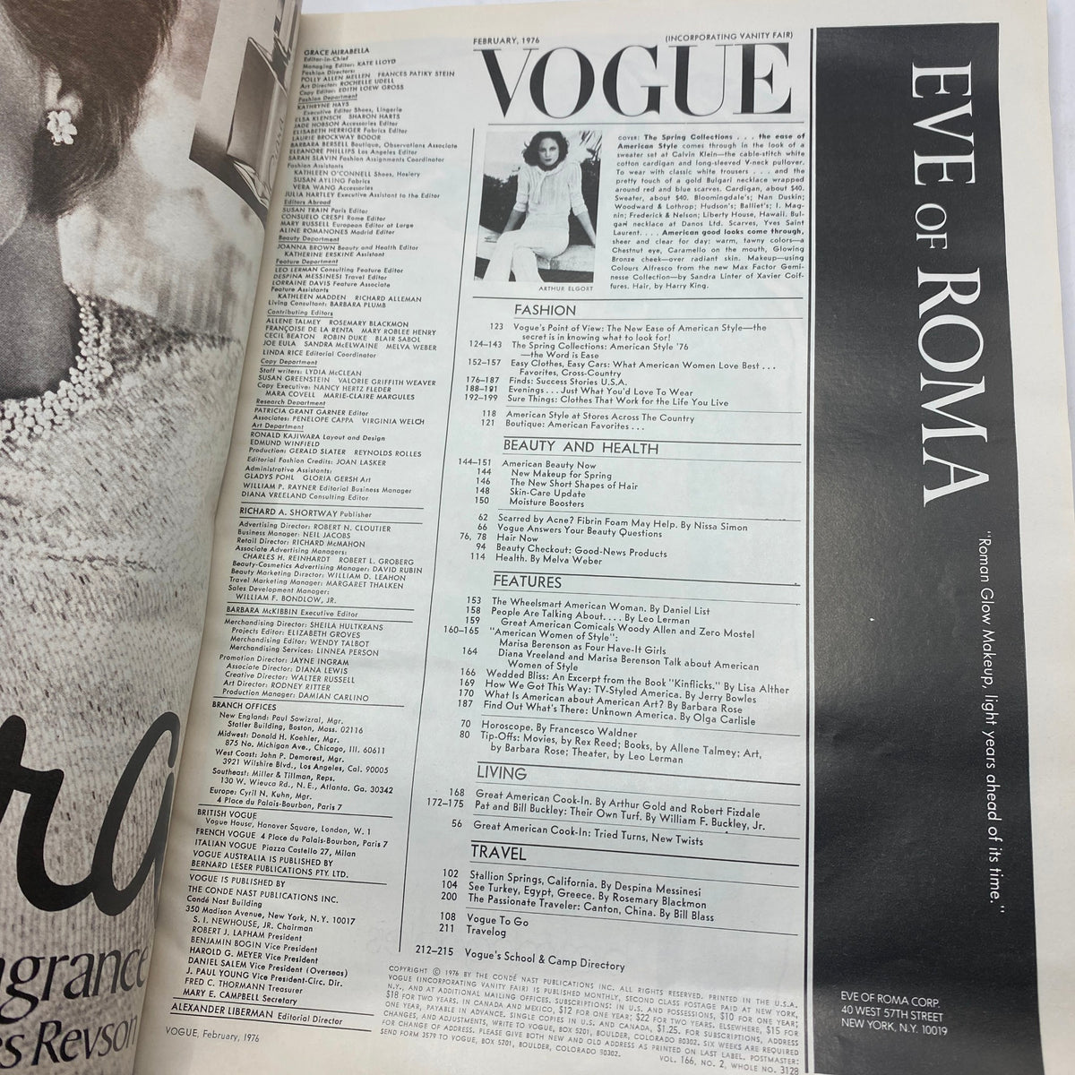 Inside page of VTG Vogue Magazine February 1976 showing the table of contents and notable articles, highlighting fashion and beauty features.