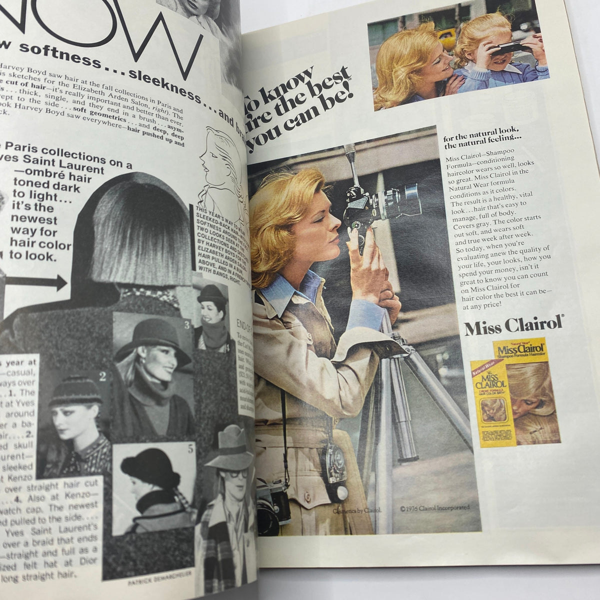 Miss Clairol hair color advertisement featuring models in VTG Vogue Magazine August 1976 showcasing hairstyles.