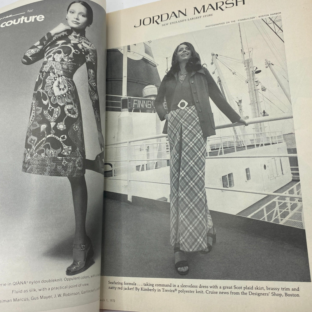 Fashion spread from VTG Vogue Magazine March 1, 1972 displaying 1970s styles with models in fashionable outfits near the Boston Harbor.