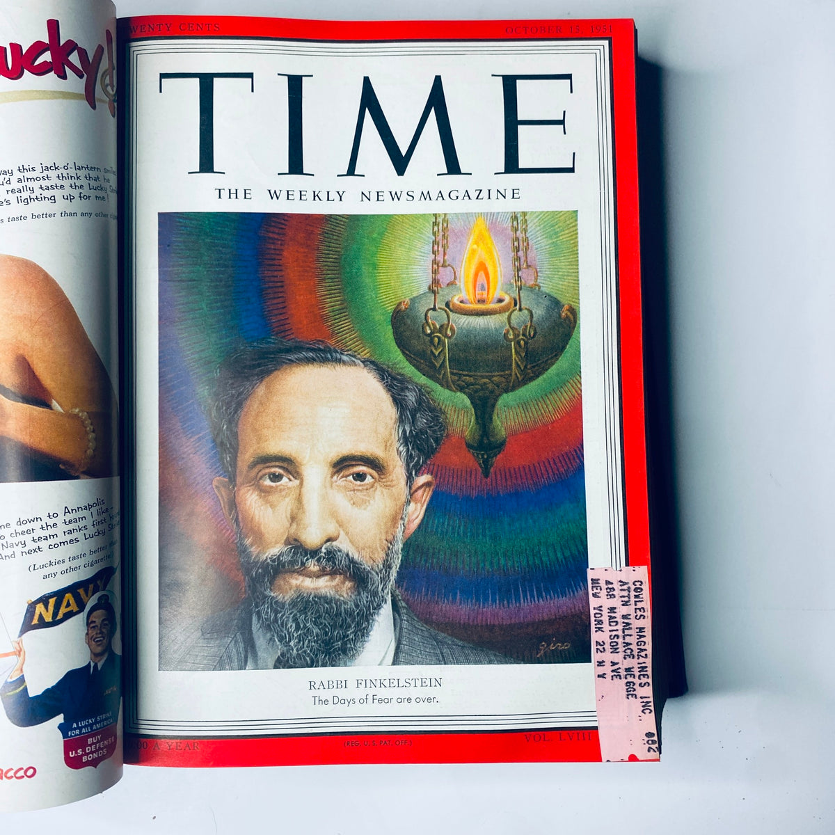 Cover of Time Library Bound Weekly Magazine from October 15, 1951, featuring a portrait of Rabbi Louis Finkelstein with a colorful background, highlighting significant figures from the early 1950s.