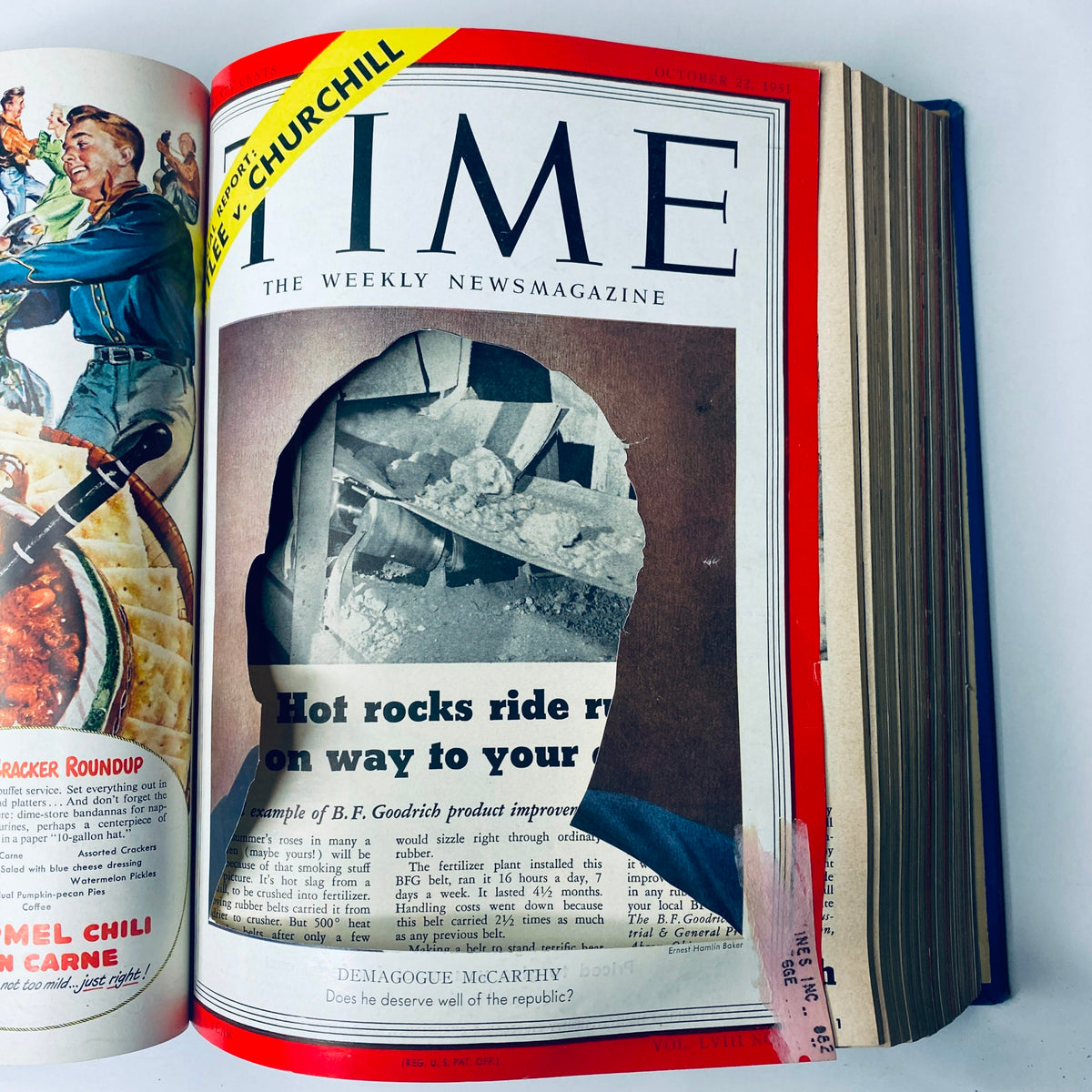 Time Library Bound Weekly Magazine from October 22, 1951, showcasing the cover with a cut-out of Senator Joseph McCarthy, representing political tensions of the era.