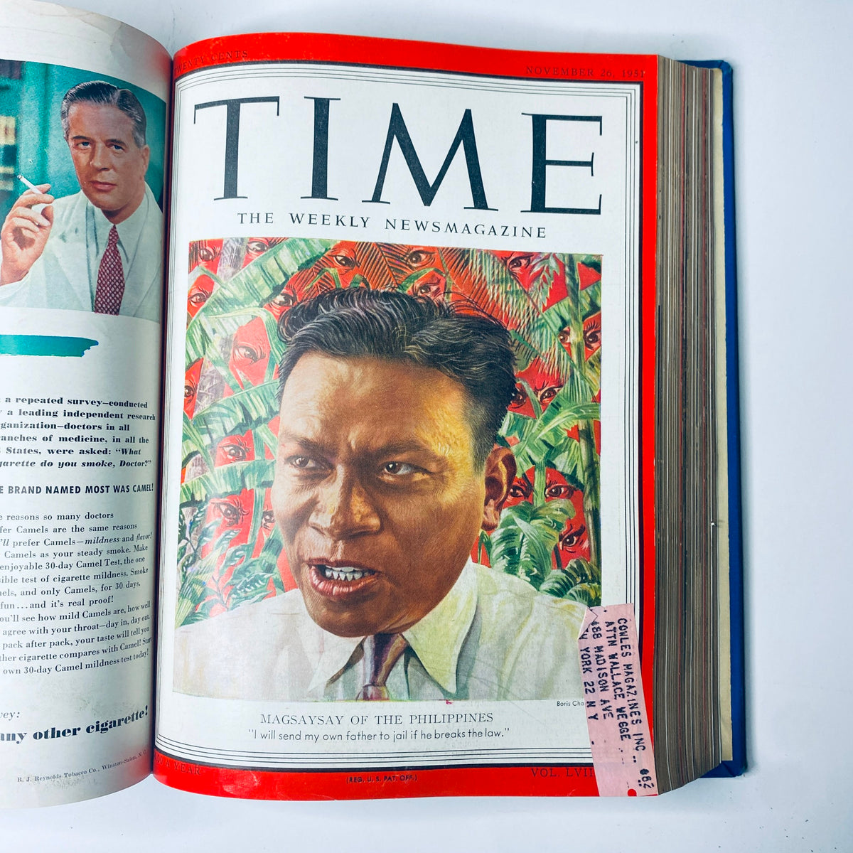 Cover of Time Magazine Library Bound Weekly dated November 26, 1951, featuring Ramon Magsaysay of the Philippines, as part of the collection from October 1 to December 24, 1951.