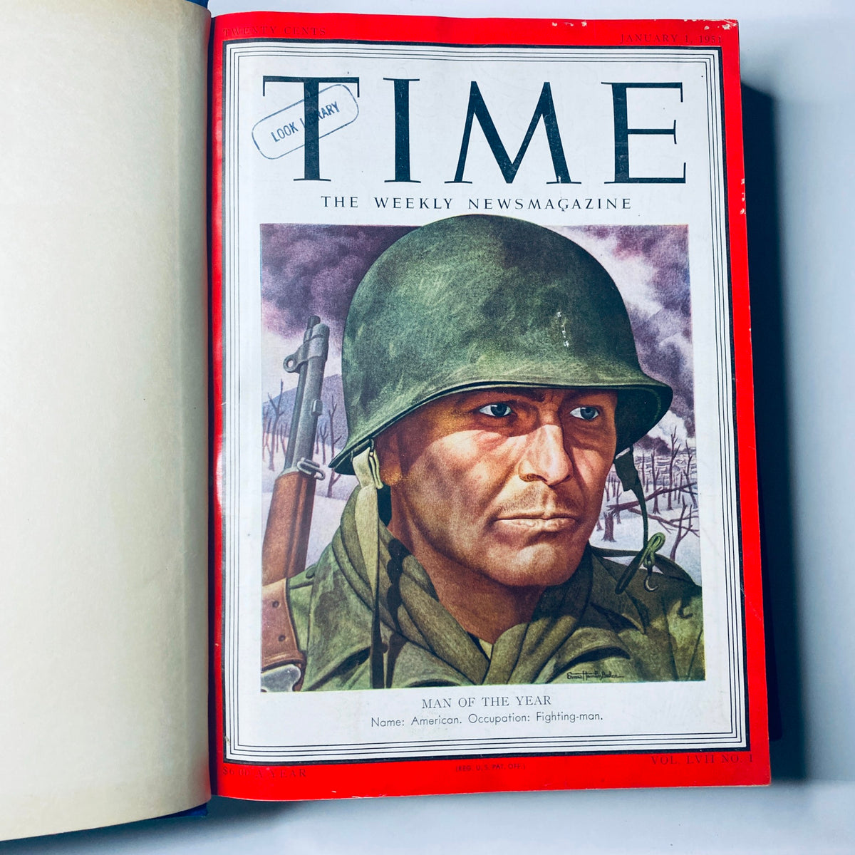 The first page of Time Magazine featuring the cover image of the 'Man of the Year' edition with a soldier, related to 'Time Magazine Library Bound Weekly January 1, 1951 - March 26, 1951'.