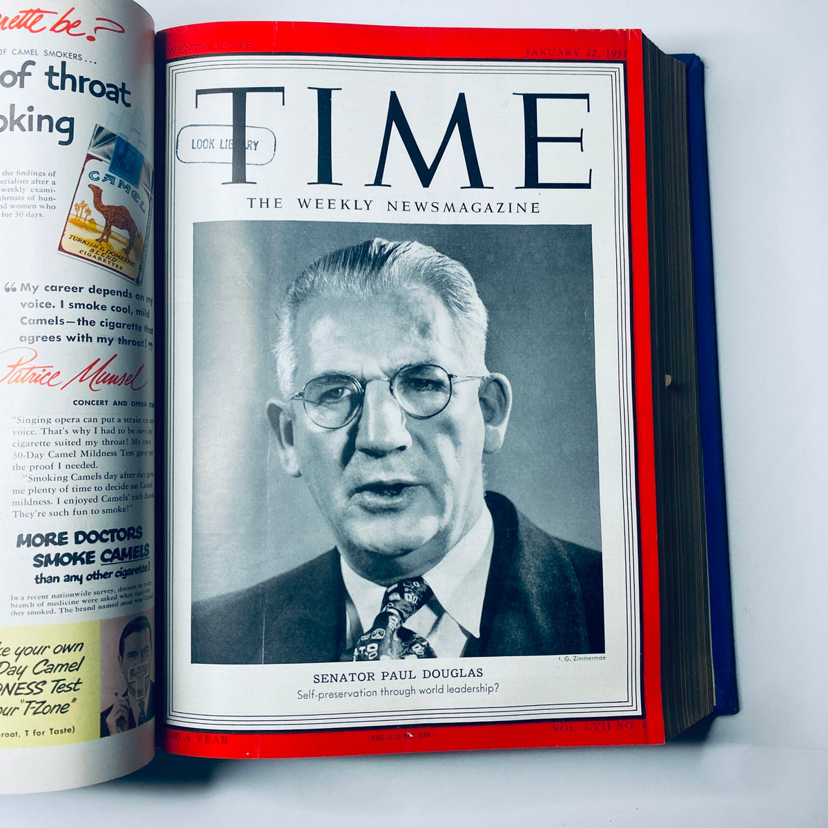 Time Magazine Library Bound Weekly January 1, 1951 - March 26, 1951 featuring a portrait of Senator Paul Douglas from the January 22, 1951 issue discussing world leadership.