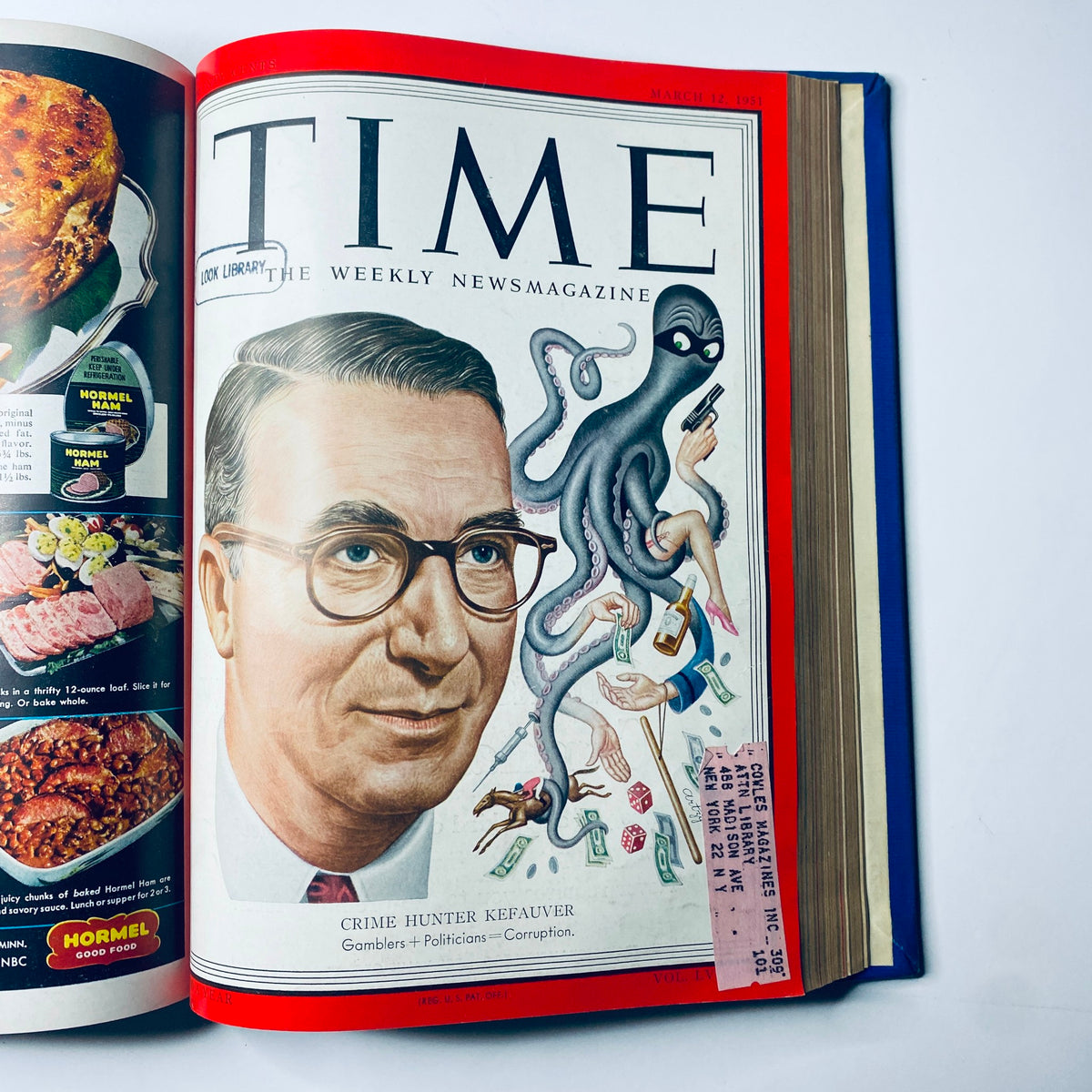 Cover of Time Magazine Library Bound Weekly, January 1 to March 26, 1951 depicting Crime Hunter Kefauver, emphasizing themes of politics and corruption.