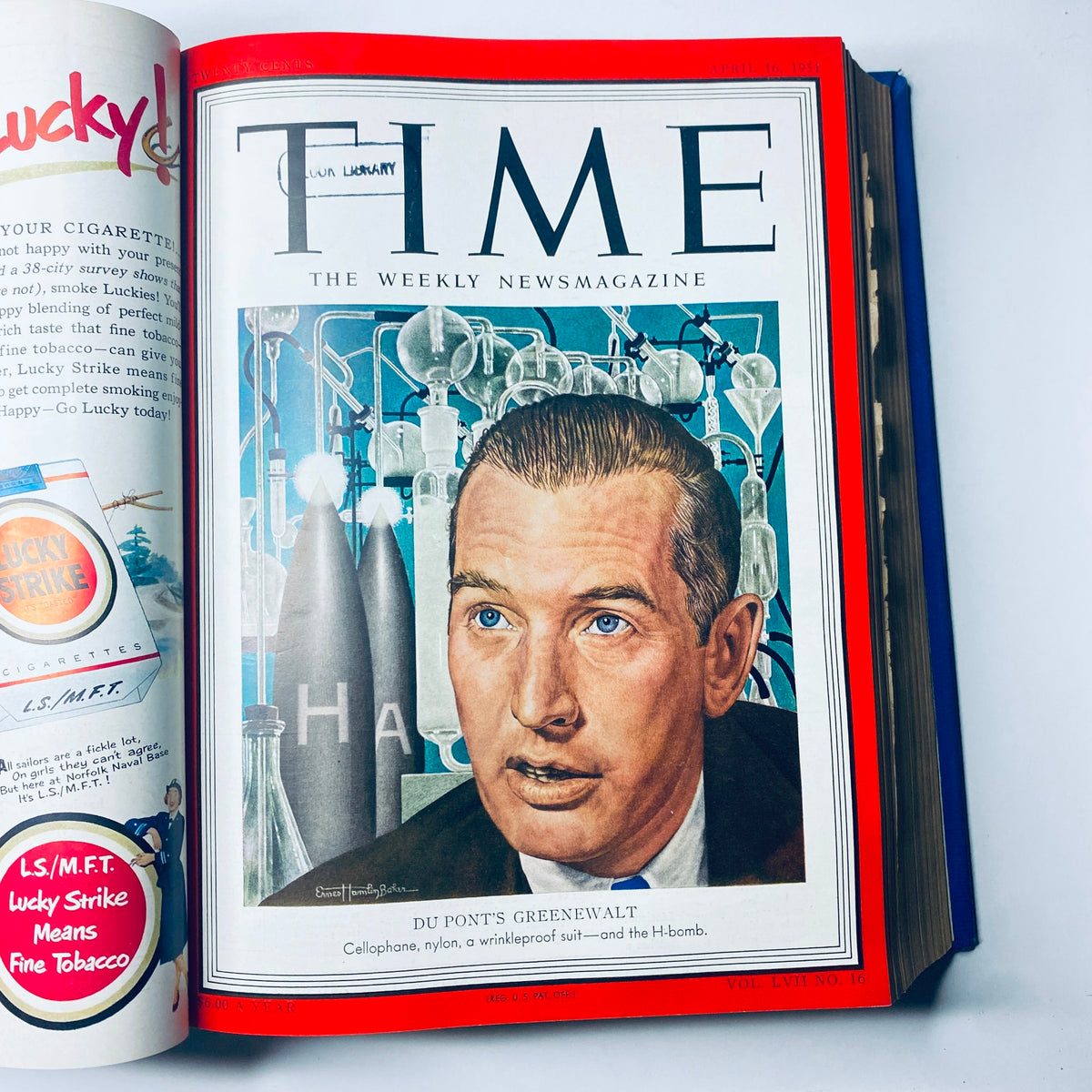 Cover of Time Magazine Library Bound April 1951 - June 25 1951 showcasing DuPont's Crawford H. Greenewalt, featuring a caption about scientific advancements.