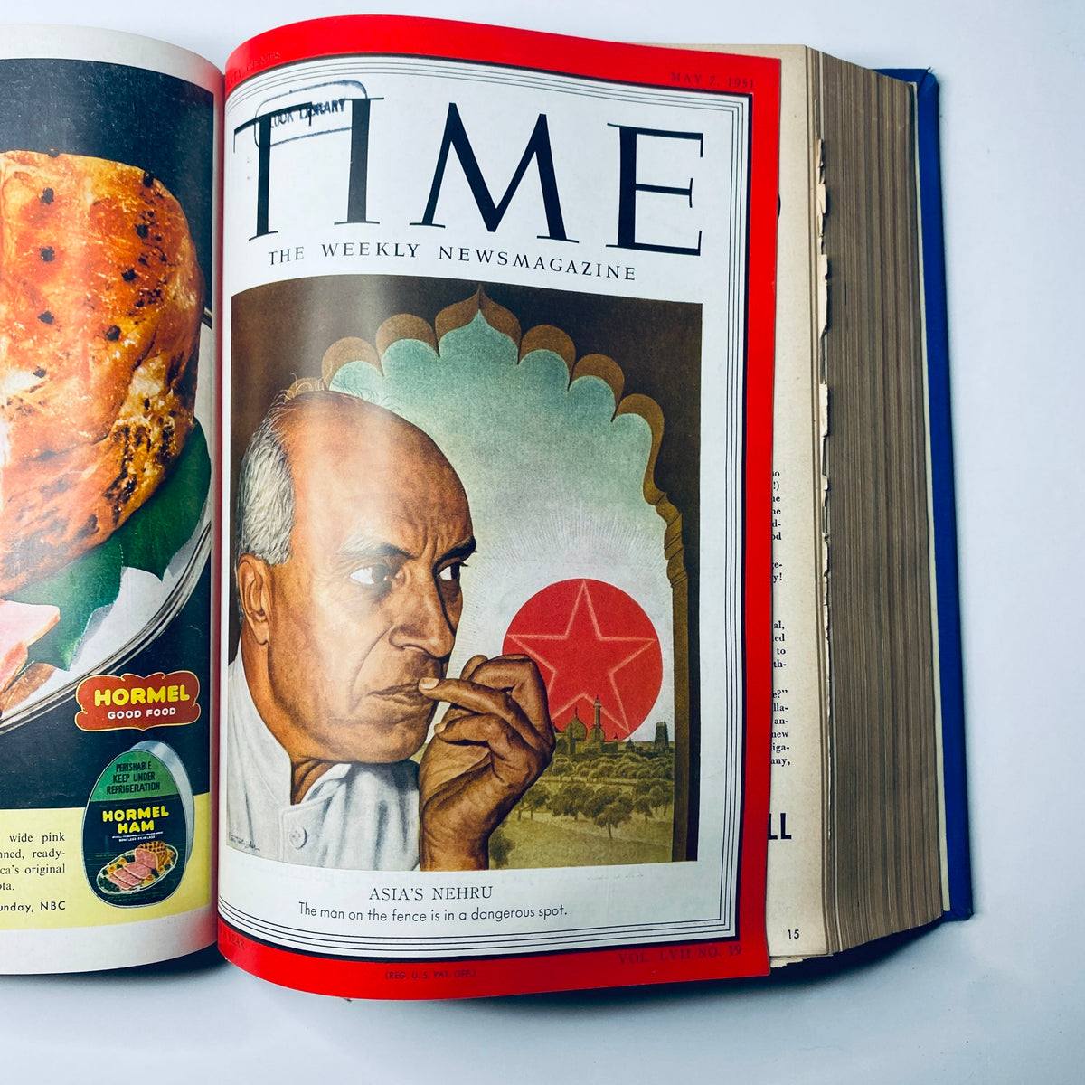 Cover of Time Magazine Library Bound April 1951 - June 25 1951 featuring Jawaharlal Nehru, emphasizing his political stance in Asia with a background of a red star.