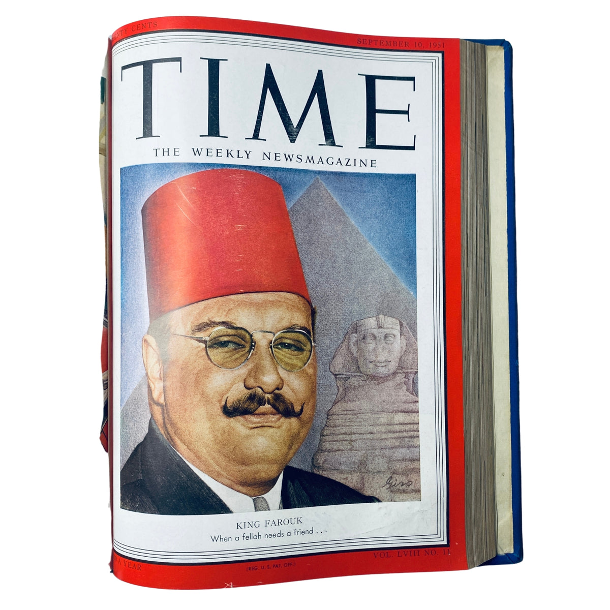 Cover of Time Magazine Library Bound Weekly July 2, 1951 - September 24, 1951 featuring King Farouk with a backdrop of pyramids and the Sphinx.
