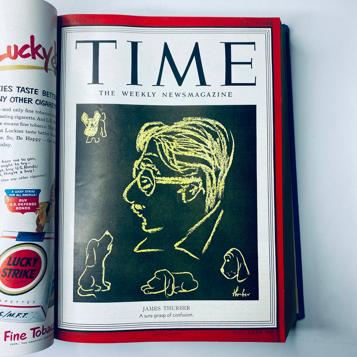 Cover of Time Magazine for July 9, 1951, featuring a drawing of James Thurber with the tagline 'A sure grasp of confusion'. This issue explores various cultural topics.