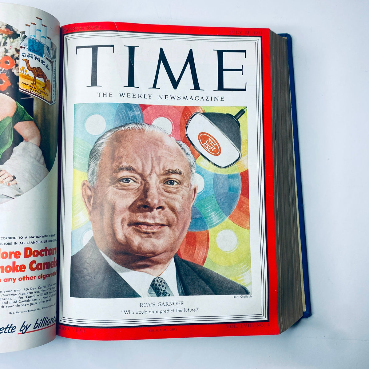 Cover of Time Magazine for July 23, 1951, showcasing RCA's David Sarnoff with the question 'Who would dare predict the future?' indicating the magazine's focus on technology and innovation.