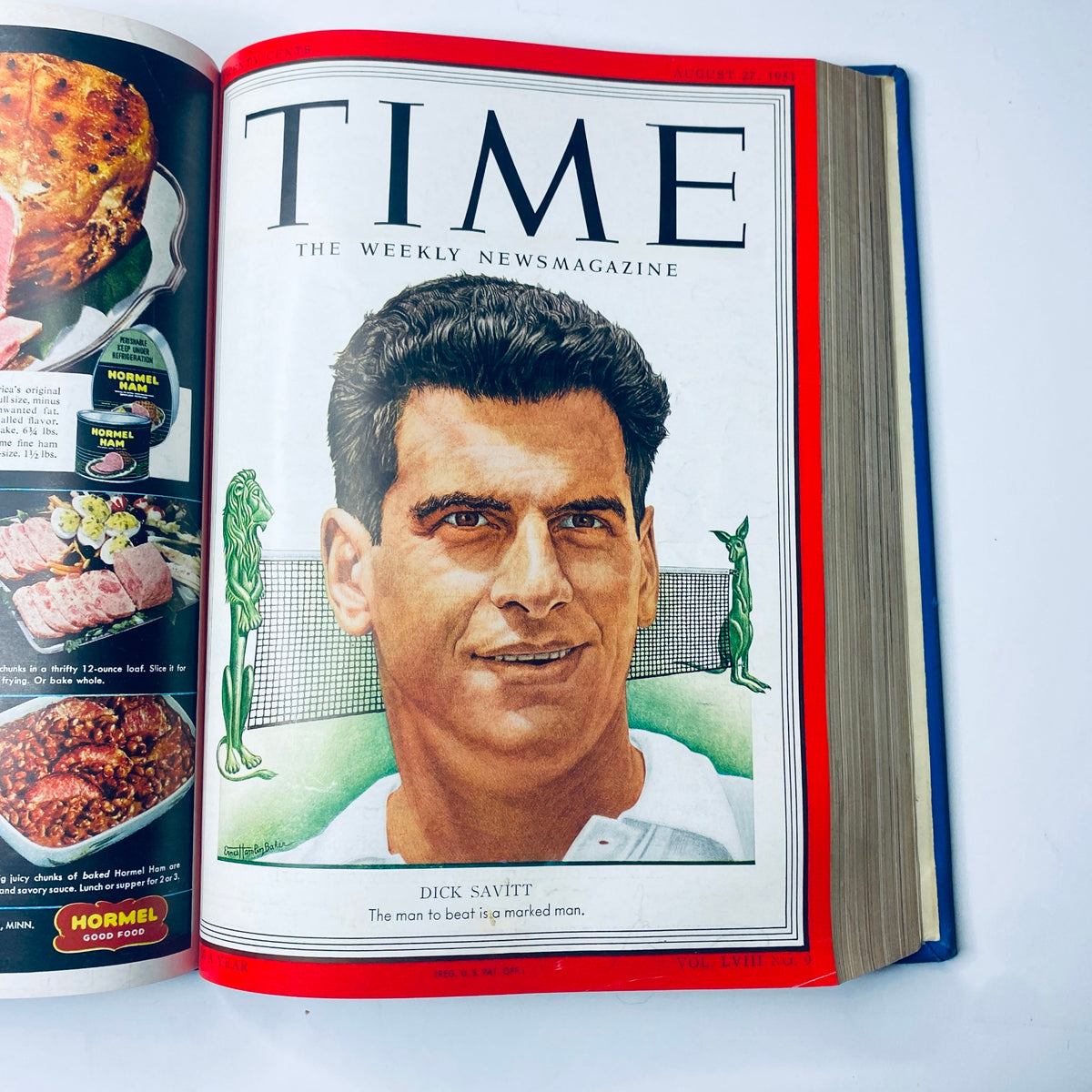 Time Library Bound Weekly Magazine showcasing Dick Savitt on the cover, dated August 27, 1951. This edition highlights Savitt's achievements in tennis and his status as a rising star in the sport.