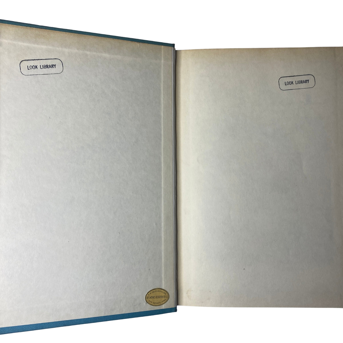 Interior view of Time Magazine Library Bound Weekly showing the blank pages with Look Library stamps, dated 1949.