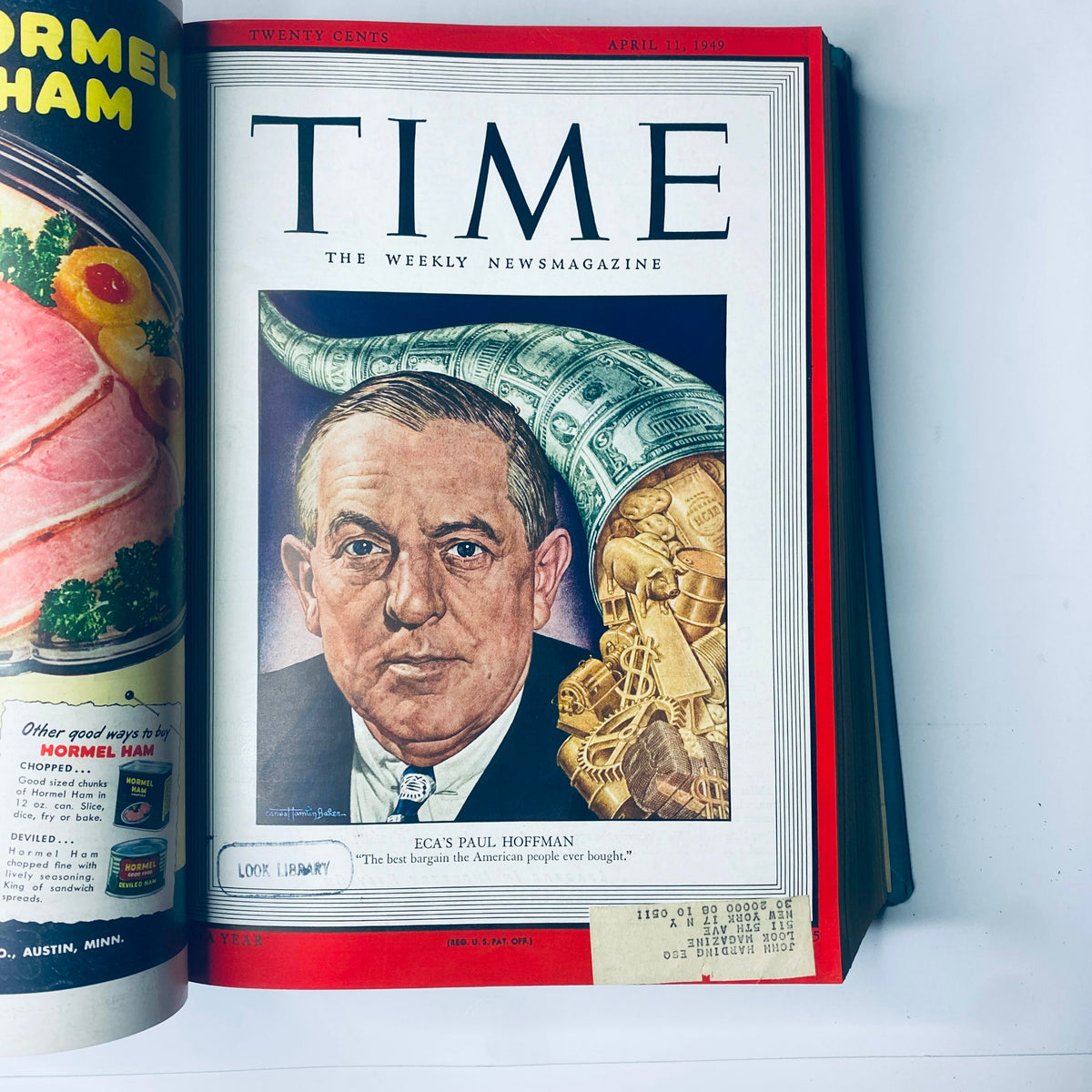 Cover of Time Magazine Library Bound Weekly April 11, 1949 showcasing ECA's Paul Hoffman with illustrated elements, noted with 'LOOK LIBRARY'.