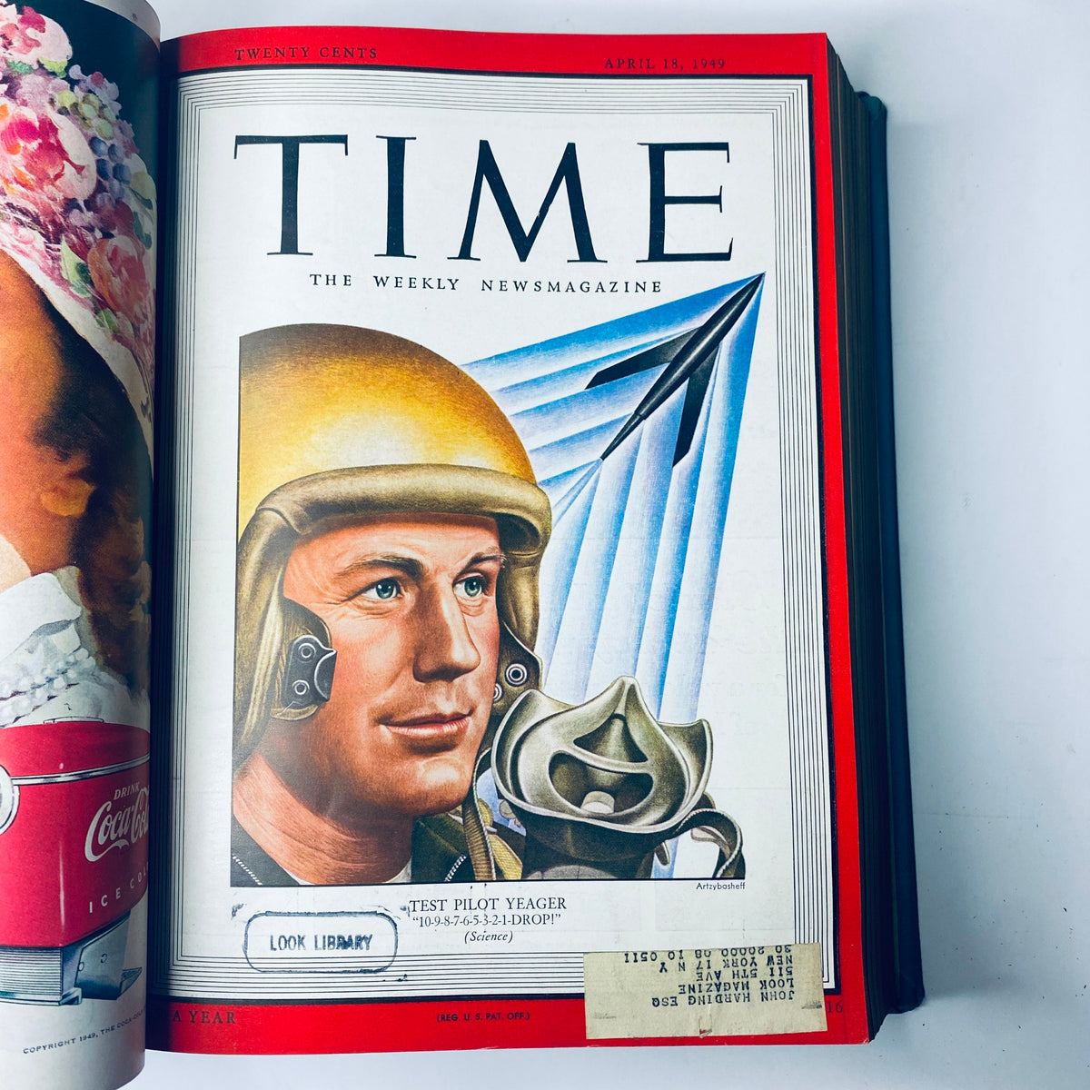 Cover of Time Magazine Library Bound Weekly April 18, 1949 featuring Test Pilot Chuck Yeager, highlighted with 'LOOK LIBRARY'.