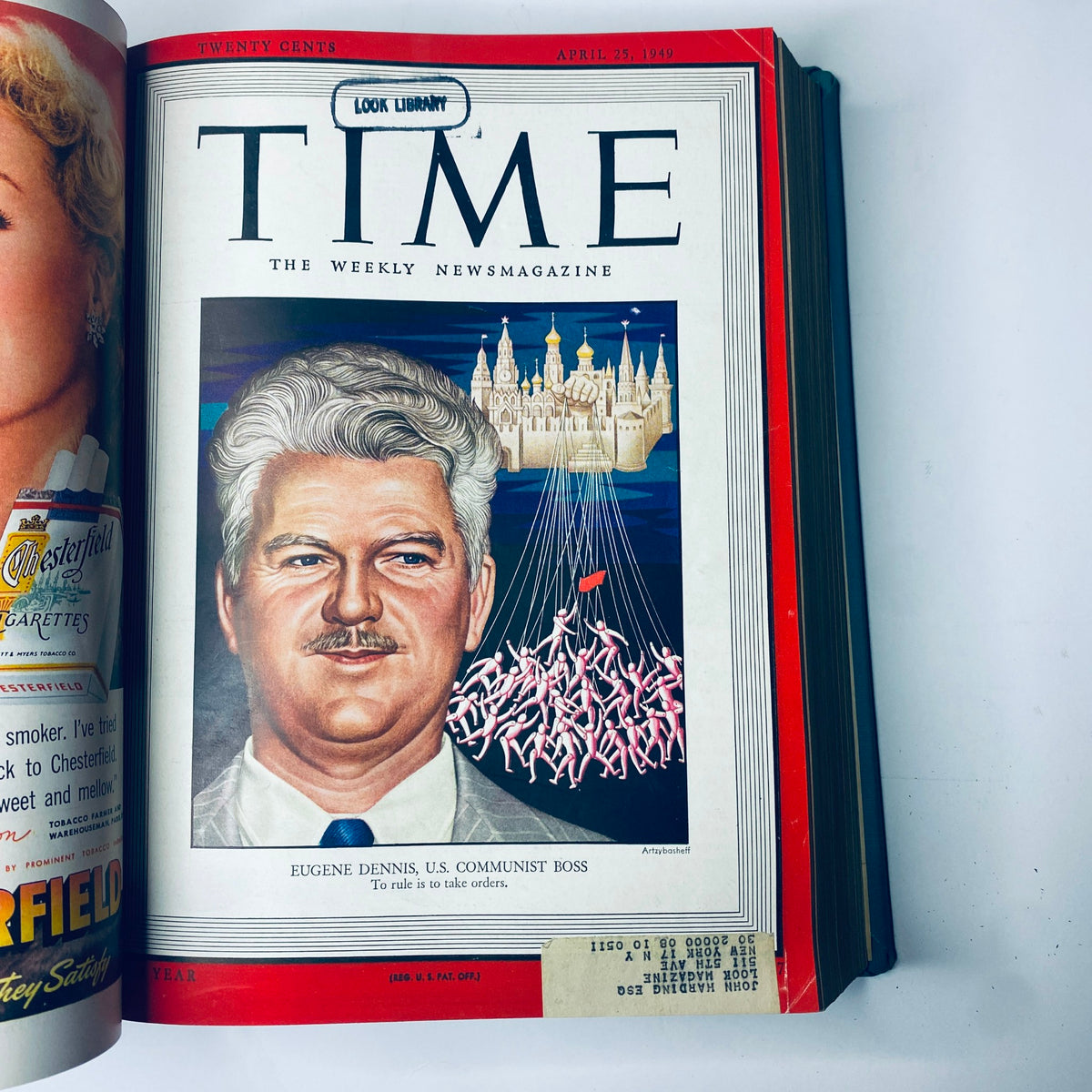 Cover of Time Magazine Library Bound Weekly April 25, 1949 depicting Eugene Dennis, U.S. Communist Boss, with the label 'LOOK LIBRARY'.