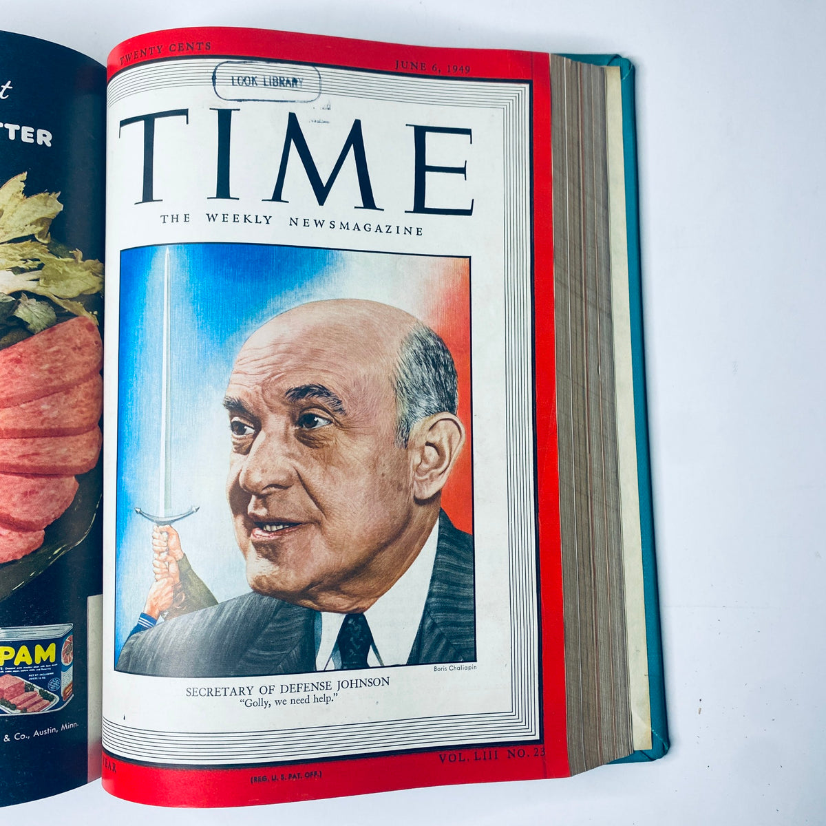 Cover of Time Magazine Library Bound Weekly April 4 to June 27, 1949 illustrating Secretary of Defense Louis Johnson with a confident demeanor, holding a pen and a backdrop suggesting urgency.