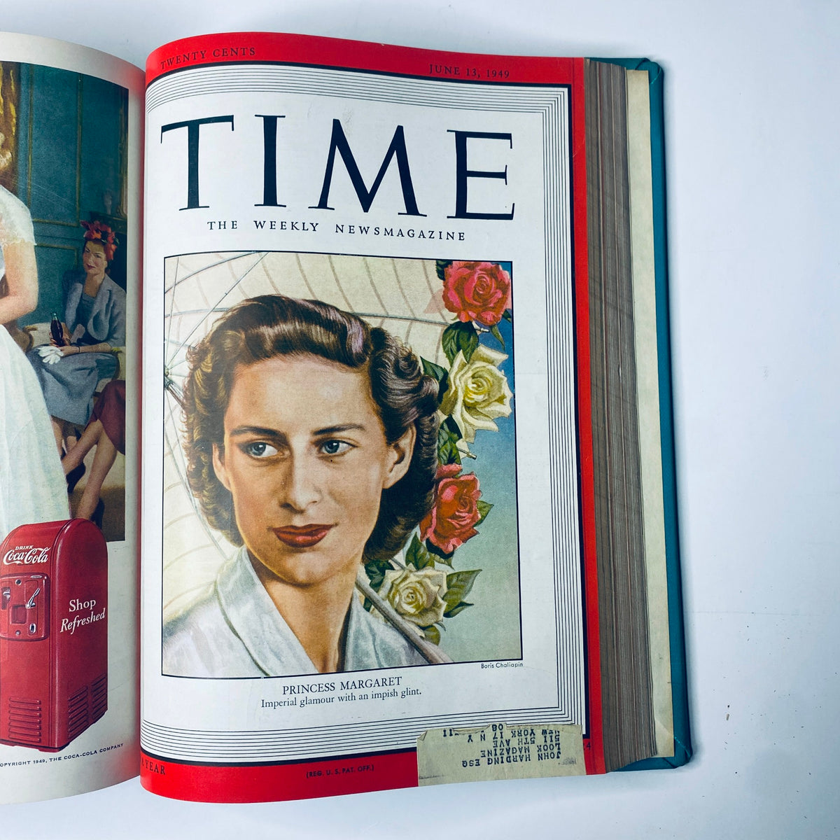 Cover of Time Magazine Library Bound Weekly April 4 to June 27, 1949 featuring Princess Margaret, characterized by her elegant appearance, surrounded by floral designs and a serene expression.