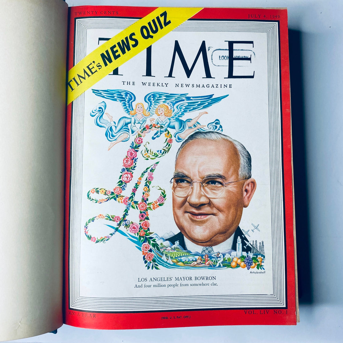 Cover of Time Magazine from July 4, 1949, highlighting Los Angeles Mayor Fletcher Bowron with decorative elements.