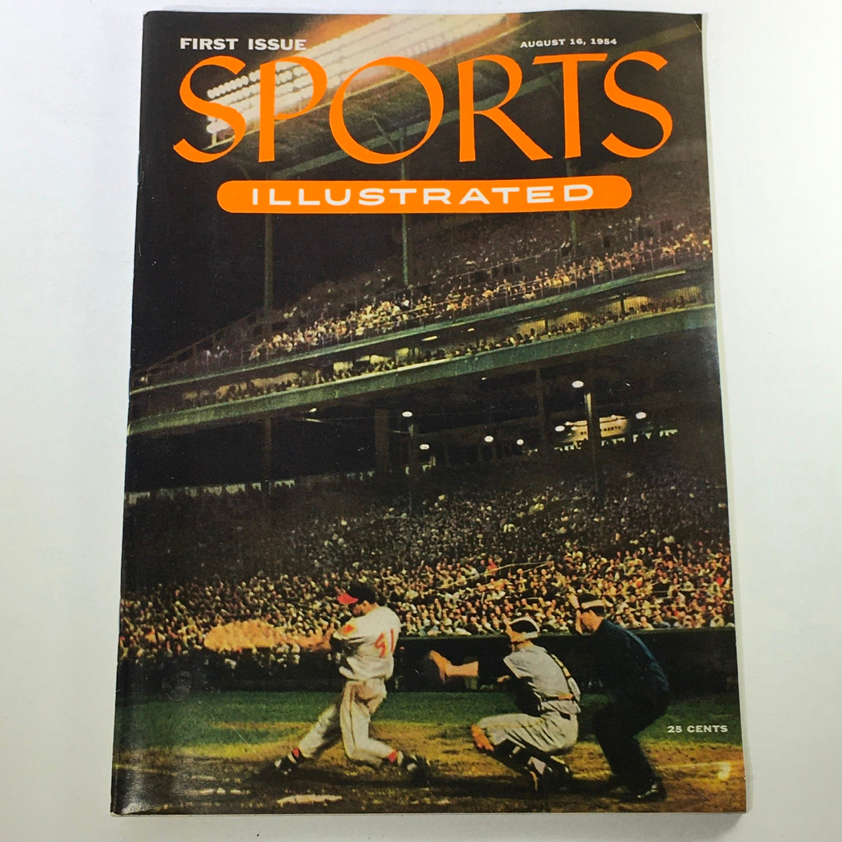 Cover of Sports Illustrated Magazine August 16 1954, featuring a baseball scene with players and a large crowd in the background, commemorating the first issue reprinted in 2001.