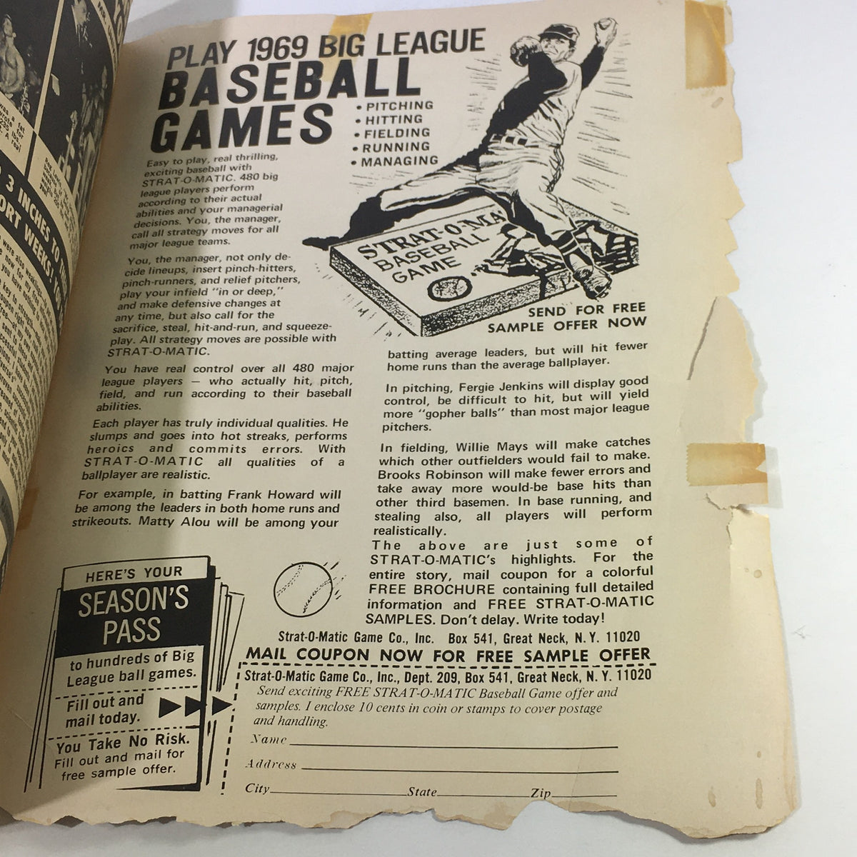 Page layout inside VTG Street & Smith's Baseball 1969 Yearbook featuring game statistics and promotional material related to baseball.
