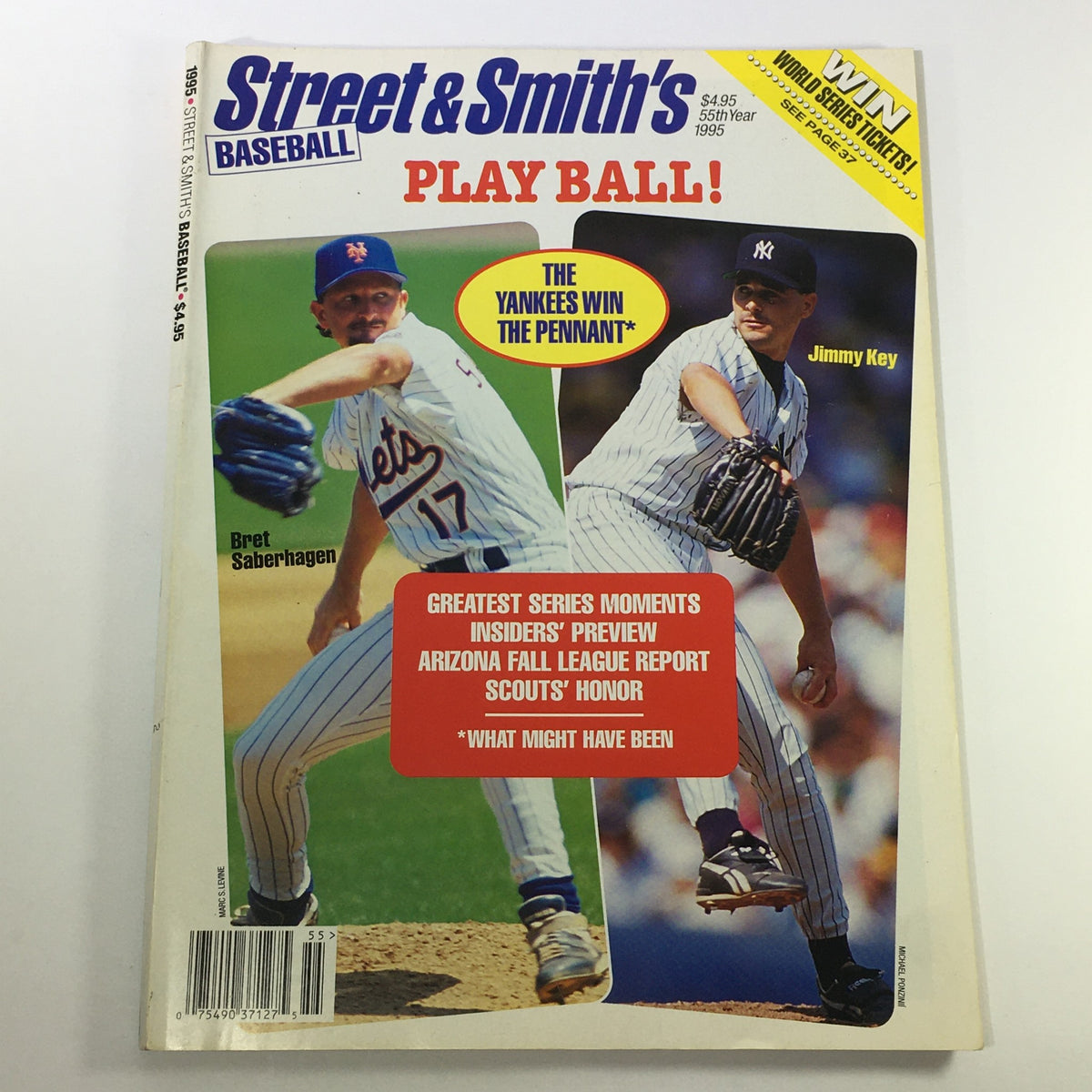 Cover of VTG Street & Smith's Baseball Magazine 1995 featuring Bret Saberhagen and Jimmy Key. The magazine highlights the Yankees' victory, showcasing baseball nostalgia with articles and player features.