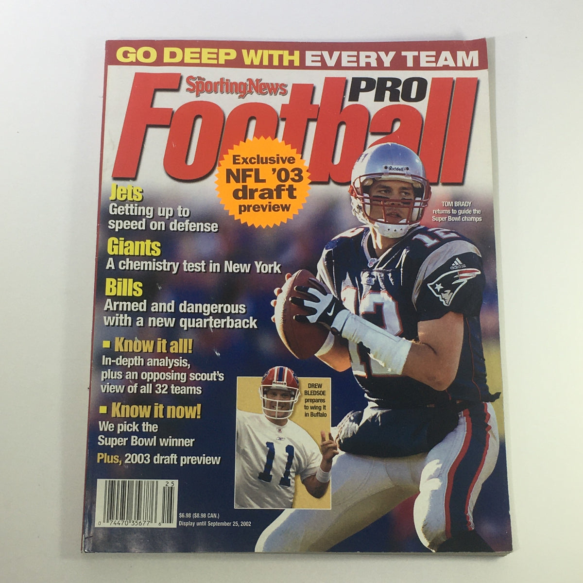 Cover of Sporting News Football Pro Magazine 2002 featuring NFL stars Tom Brady and Drew Bledsoe. The magazine includes insights on the NFL 2003 draft preview and team strategies, perfect for collectors and football fans.