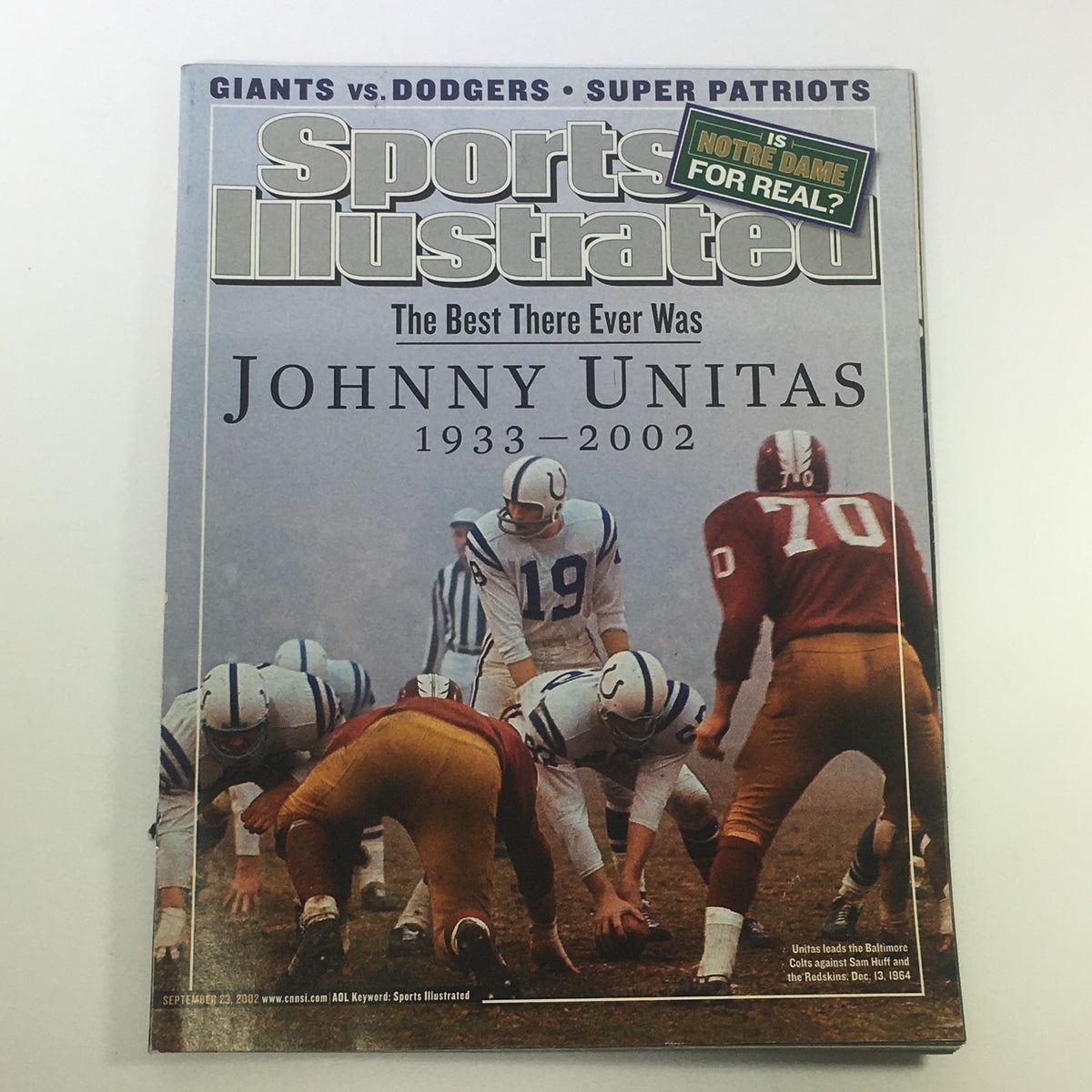 Cover of Sports Illustrated Magazine dated September 23, 2002, featuring Johnny Unitas, commemorating his legacy and career as a legendary quarterback with the caption 'The Best There Ever Was'.