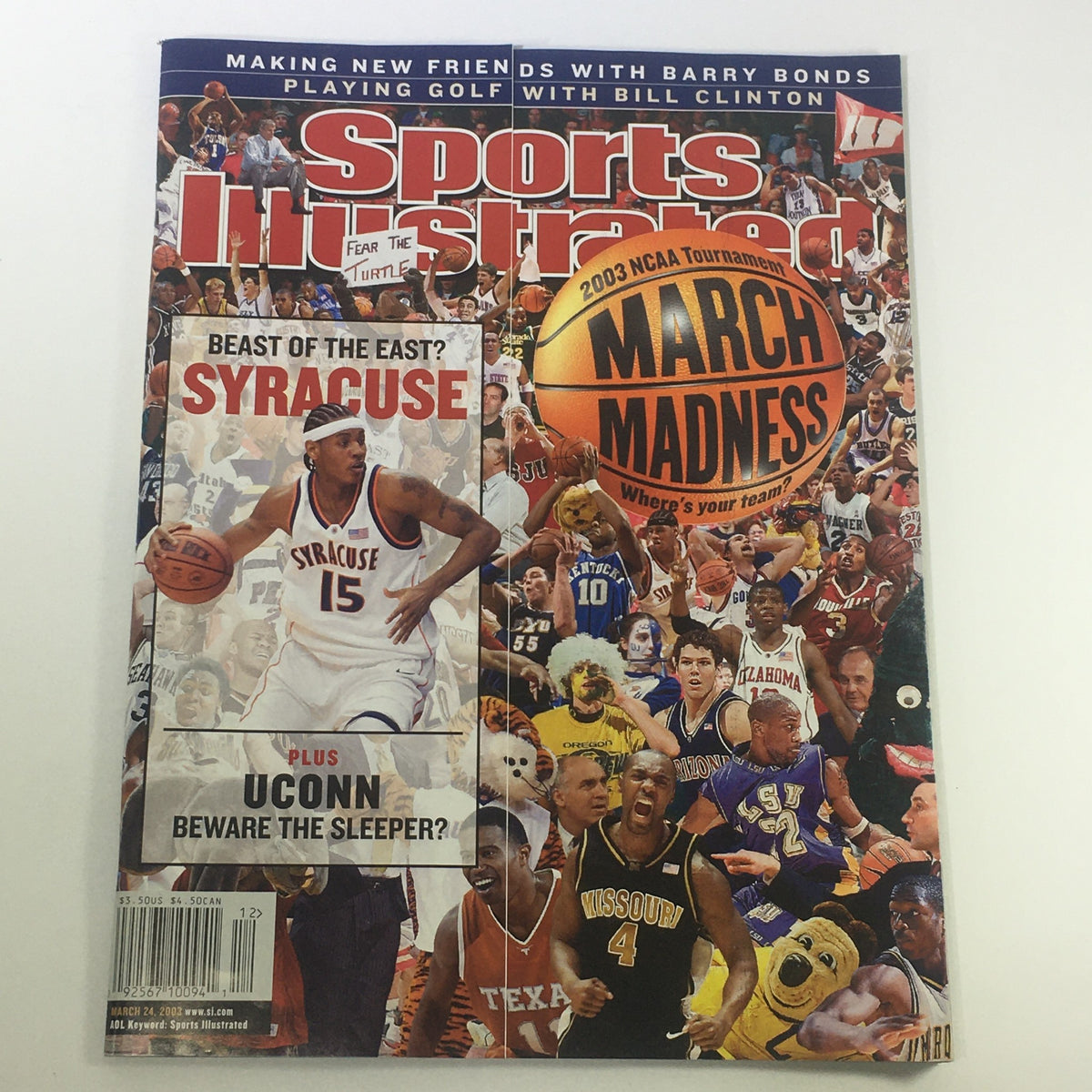 Cover of Sports Illustrated Magazine from March 24, 2003, featuring Carmelo Anthony during the NCAA Tournament, with a vibrant collage of basketball moments.