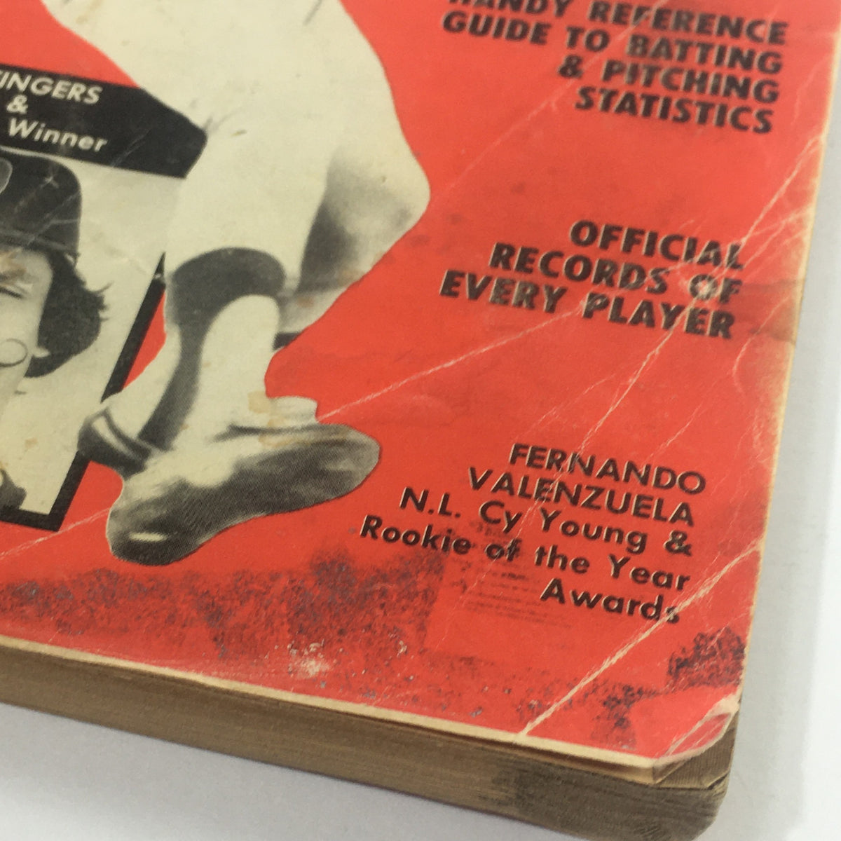 Close-up of VTG Who's Who In Baseball Magazine 1982 showing details like player records and features of Rollie Fingers and Fernando Valenzuela.